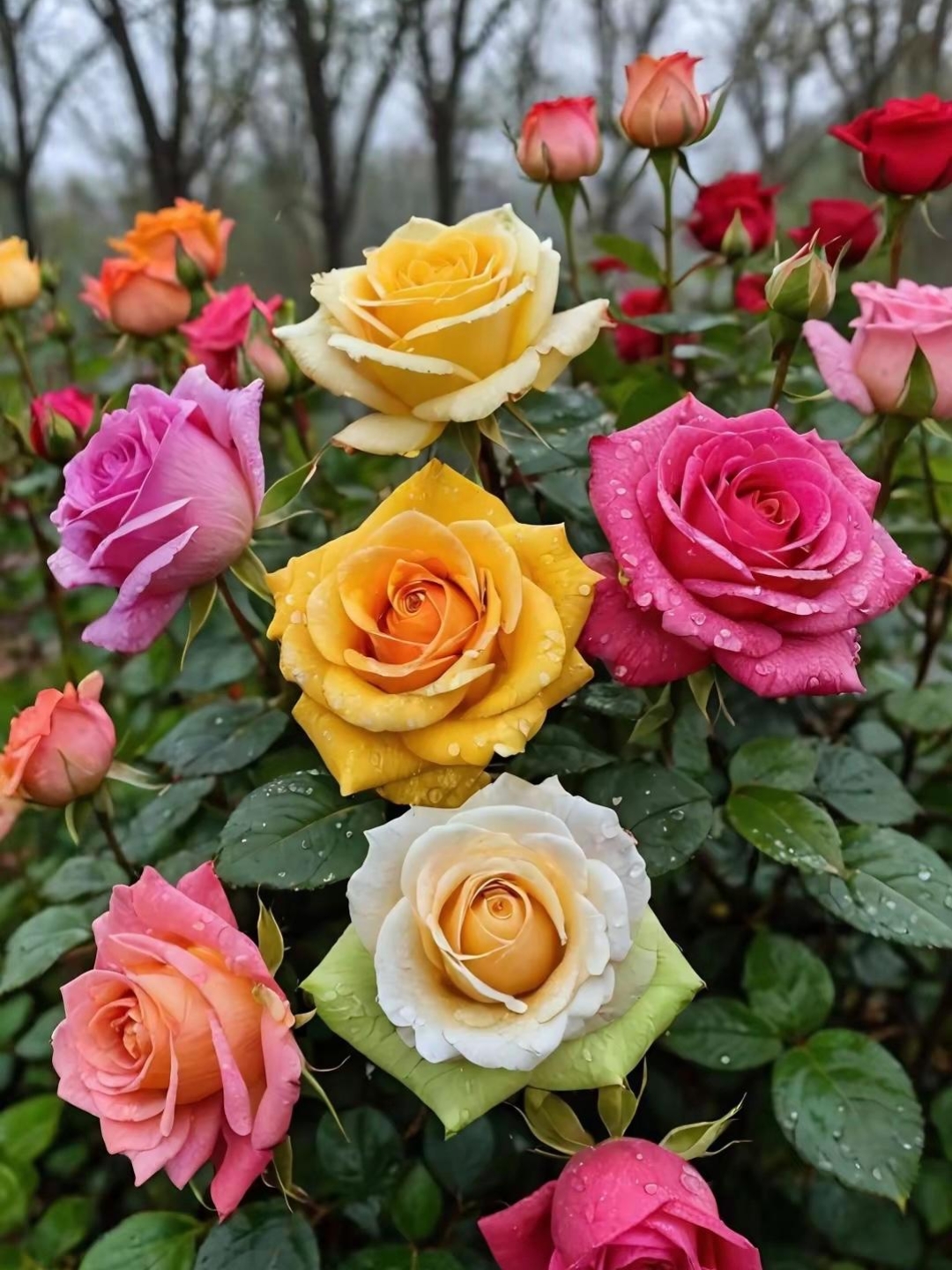 五颜六色的玖瑰花悄悄地绽放,花朵中的露珠如珍珠般光亮,晶莹剔透