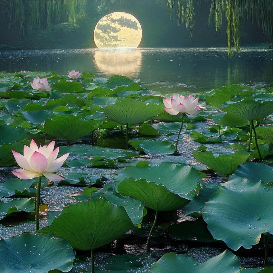 月亮升起来了,湖面上荷花盛开,美不胜收.