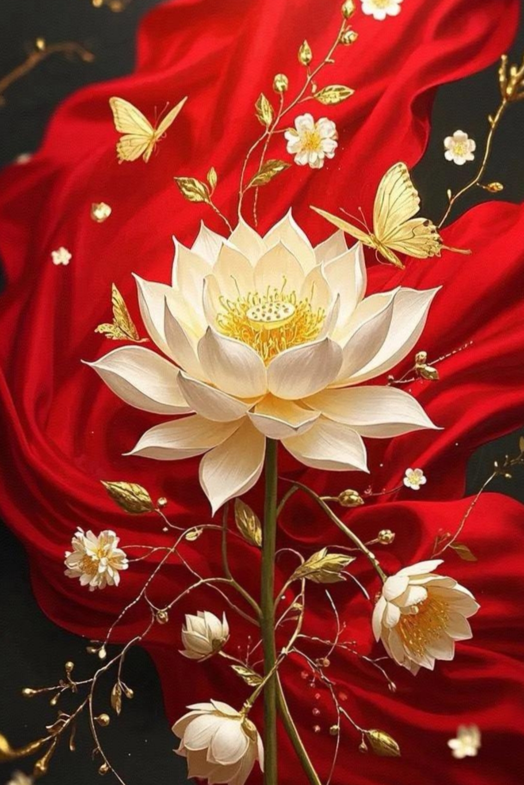 哇,这幅画美得让人屏息,金色的蝴蝶在红绸上翩翩起舞,旁边还有优雅的