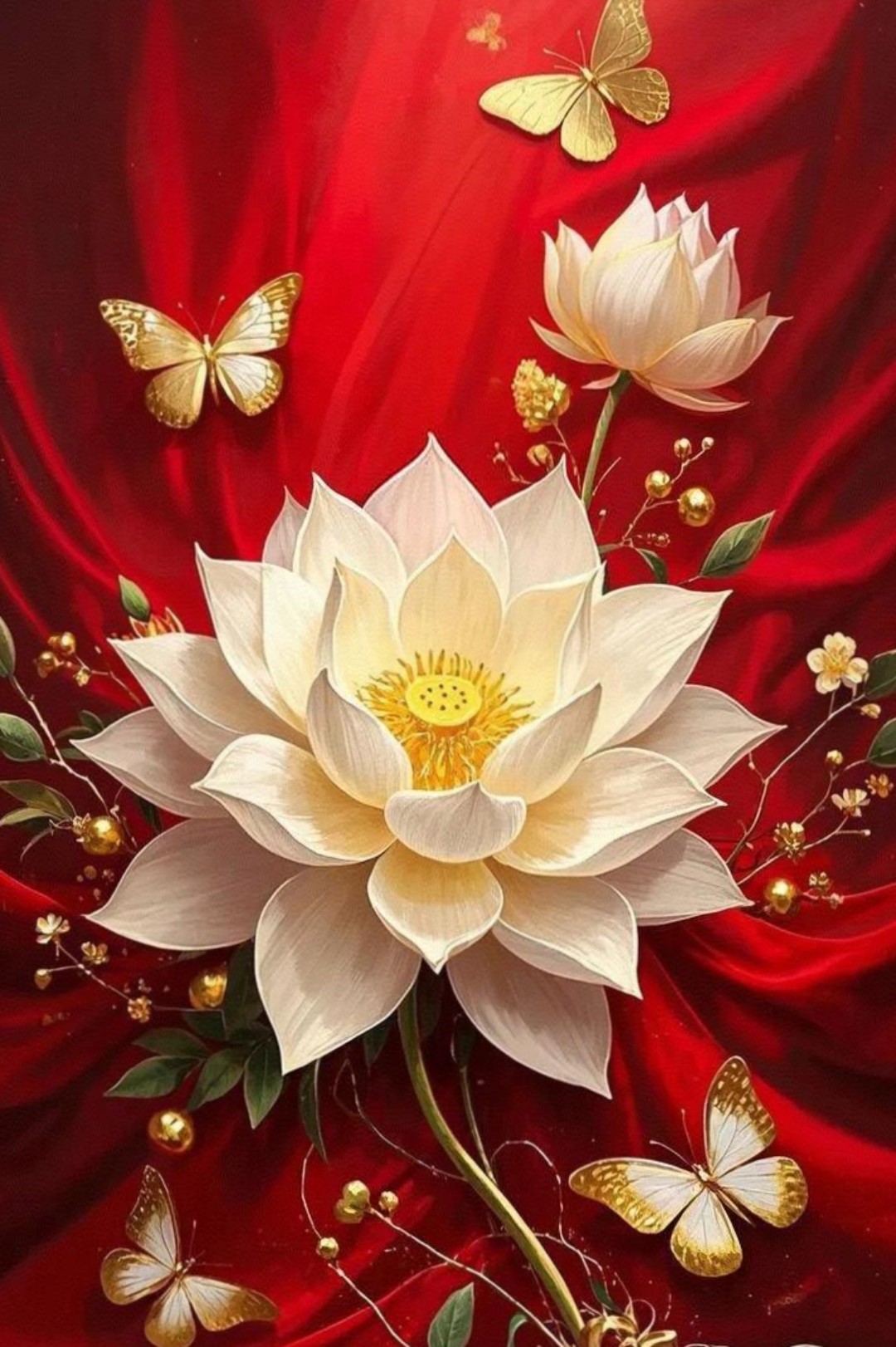 哇,这幅画美得让人屏息,金色的蝴蝶在红绸上翩翩起舞,旁边还有优雅的