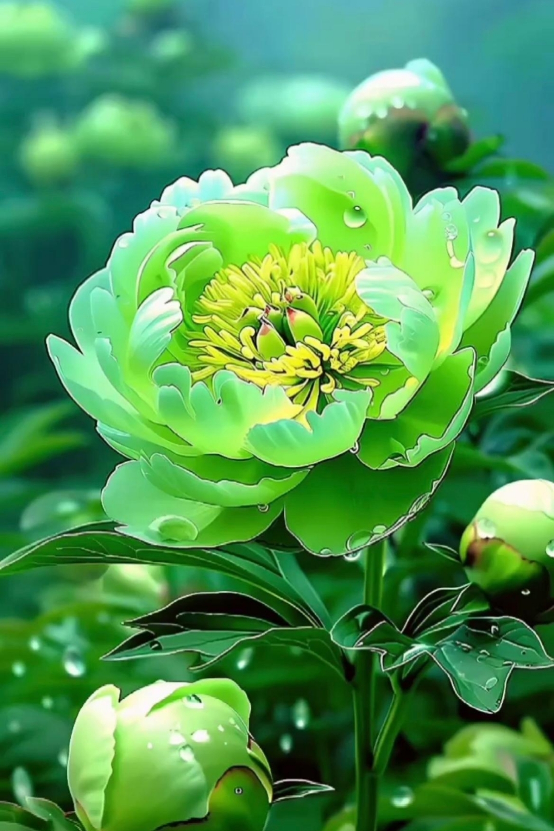 雨水点缀,水珠洒落在娇艳多姿的花朵上,被露珠滋润着的牡丹花显得更加