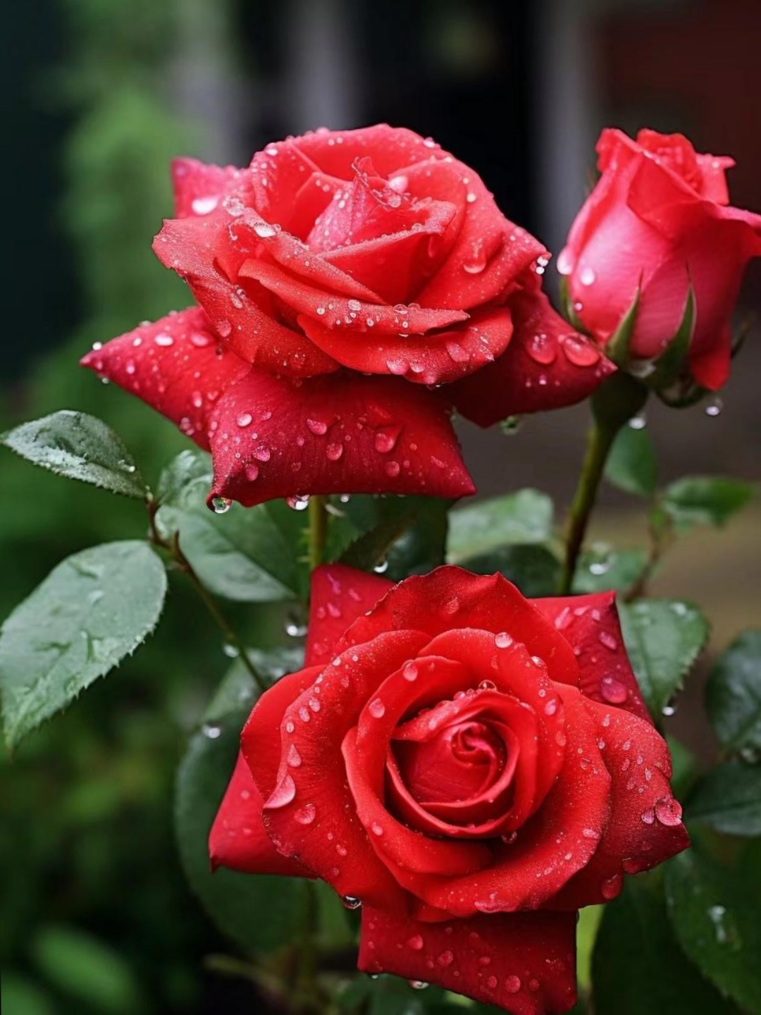 玫瑰花在雨水的滋润下,清新脱俗,深绝色花瓣给人一种热情,温馨的感觉