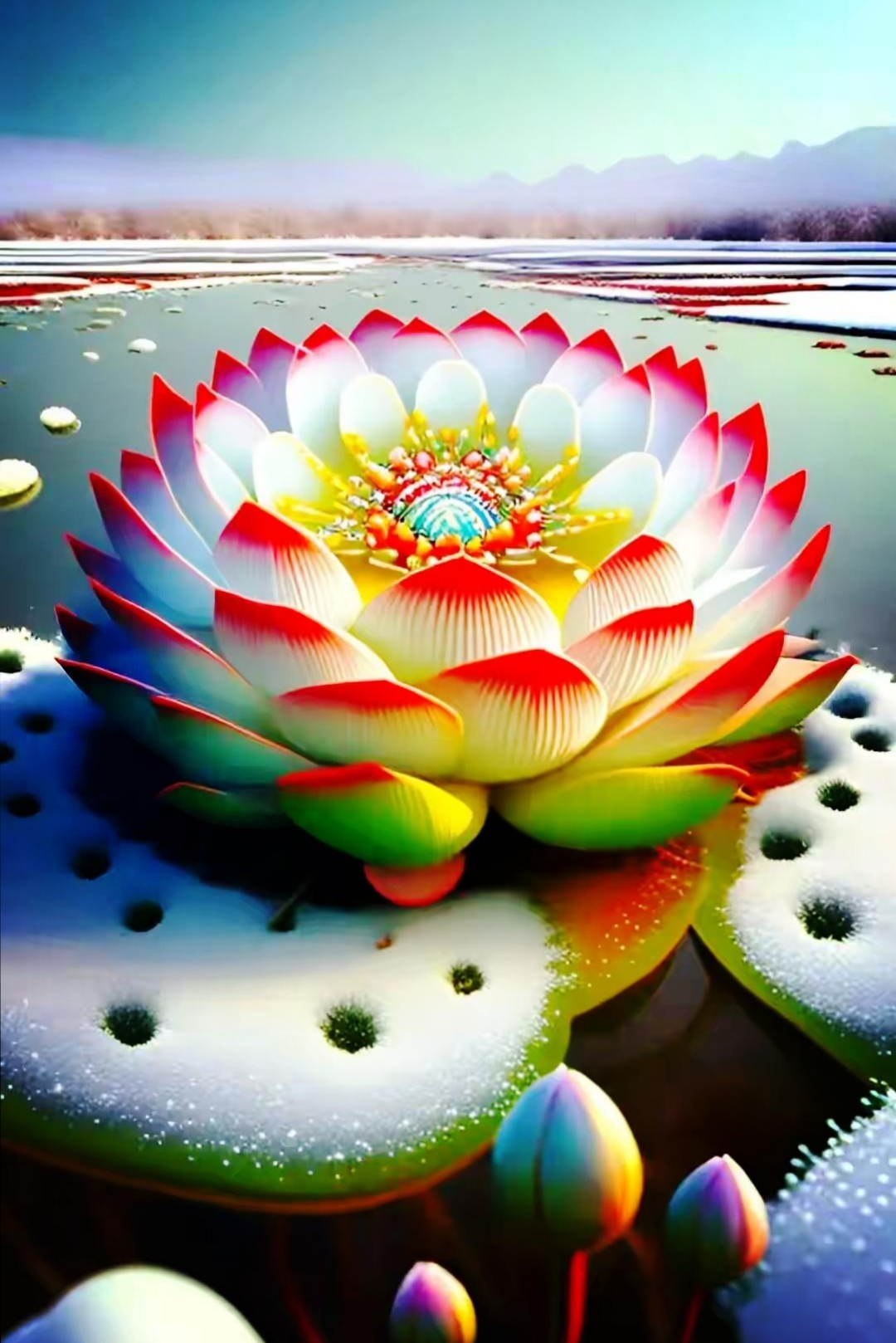 清晨的露珠闪耀在绽放的七色莲花上,美得令人屏息,花瓣层层叠叠,排列