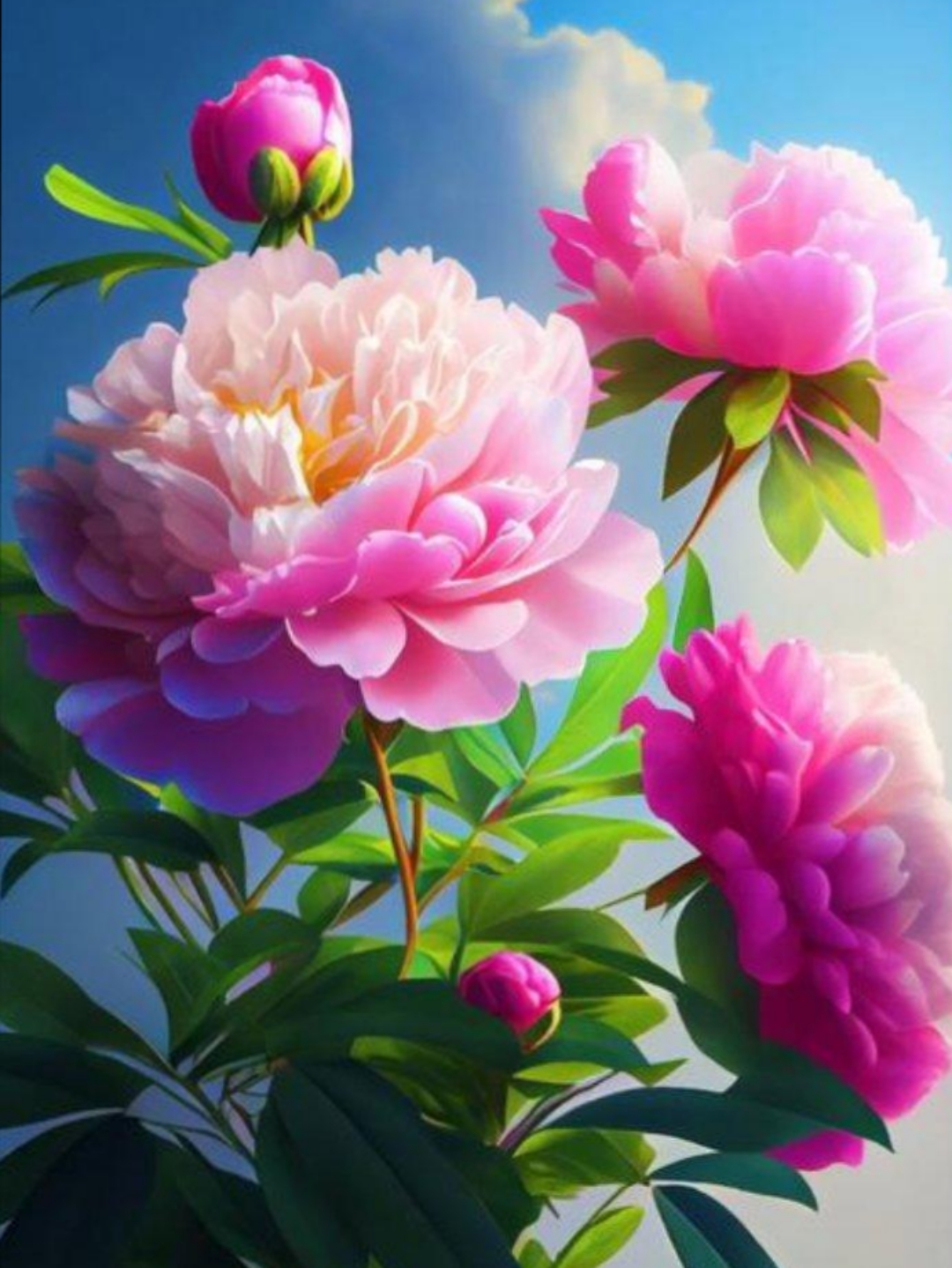 鲜艳的牡丹在阳光下以经绽放,粉白相映成趣,美不胜收,牡丹花儿朵朵开