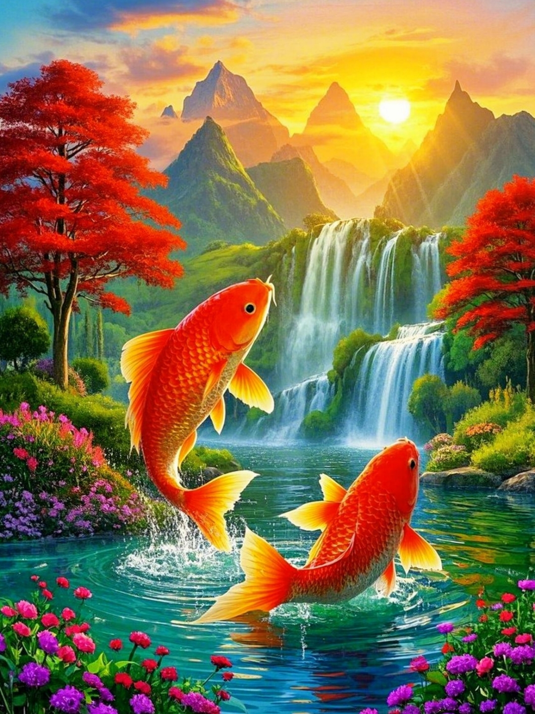 哇,这两条金鱼在瀑布前跳跃的画面太美了,仿佛能感受到它们的快乐!