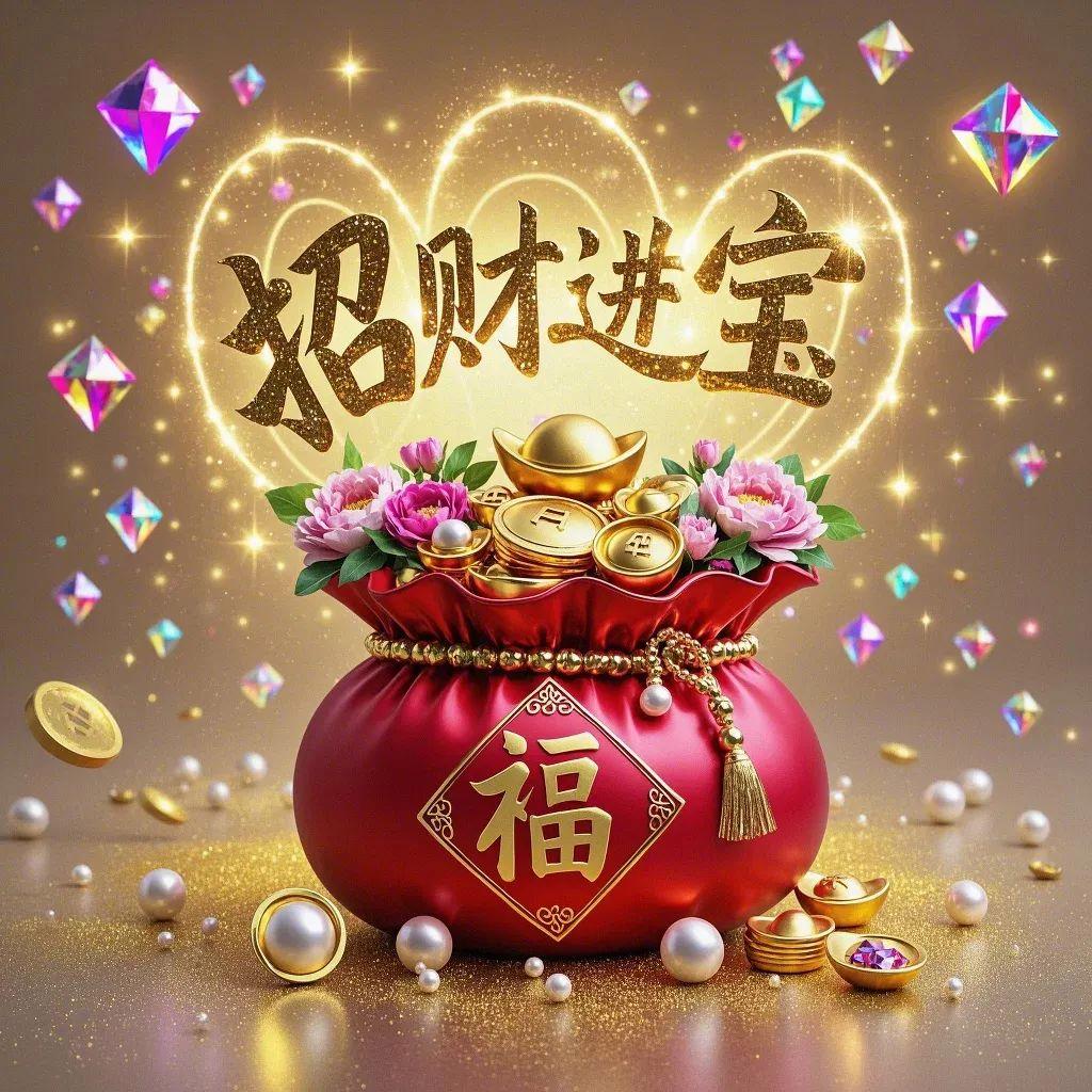 招财进宝吉祥至,花开富贵满堂春,福禄好运随缘至,发财发福乐融融,平安