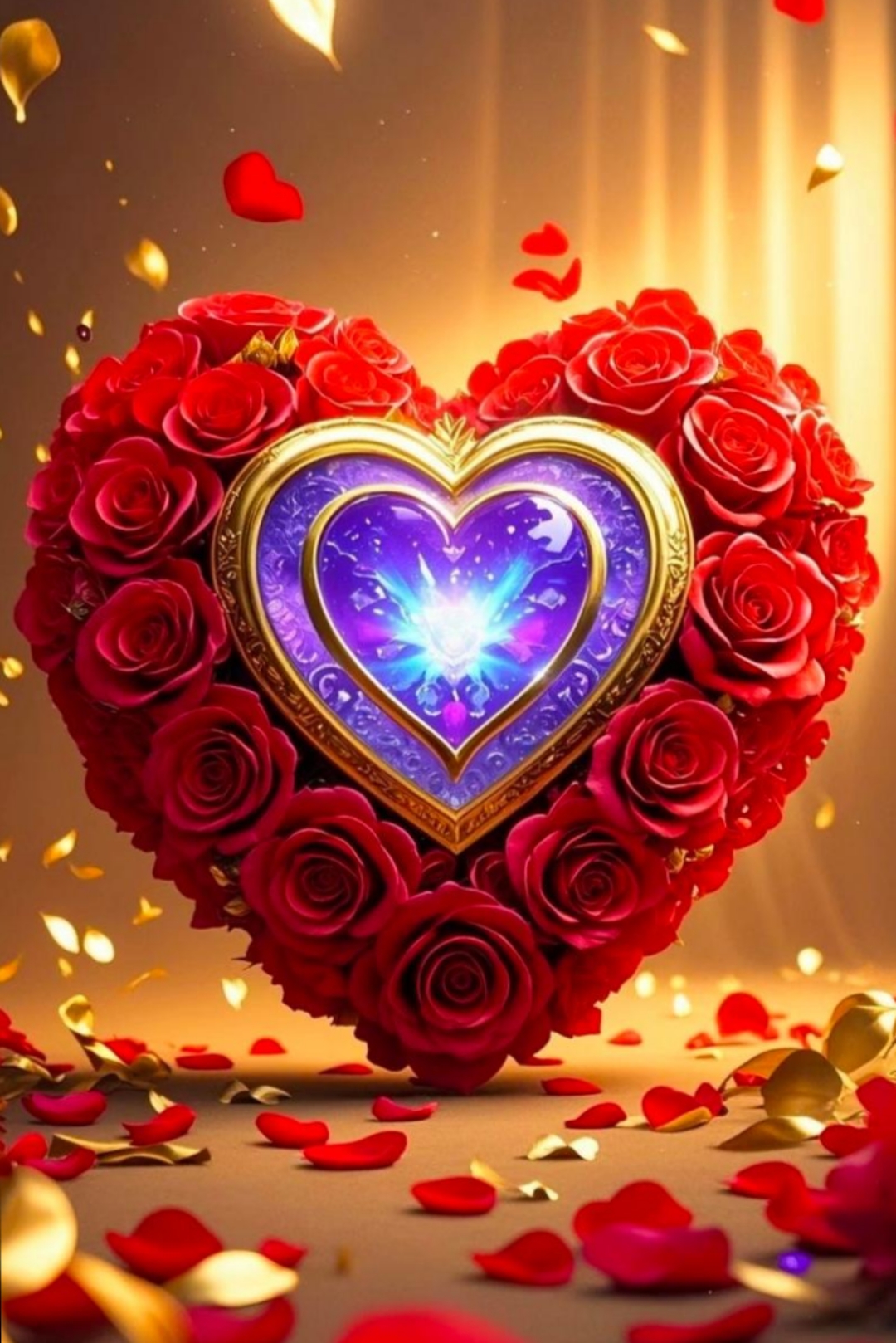 心形的红玫瑰花束,中间镶嵌着闪耀的魔法宝石,散发着浪漫的气息