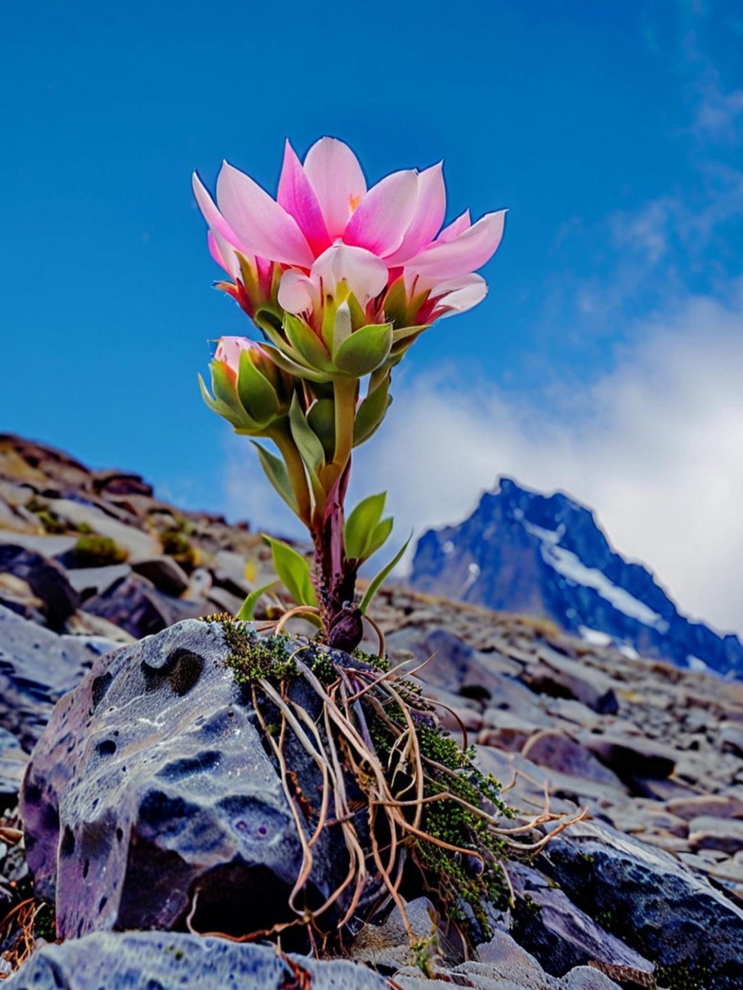 这朵花在岩石中坚韧生长,就像生活中的我们,无论多艰难,总有希望绽放