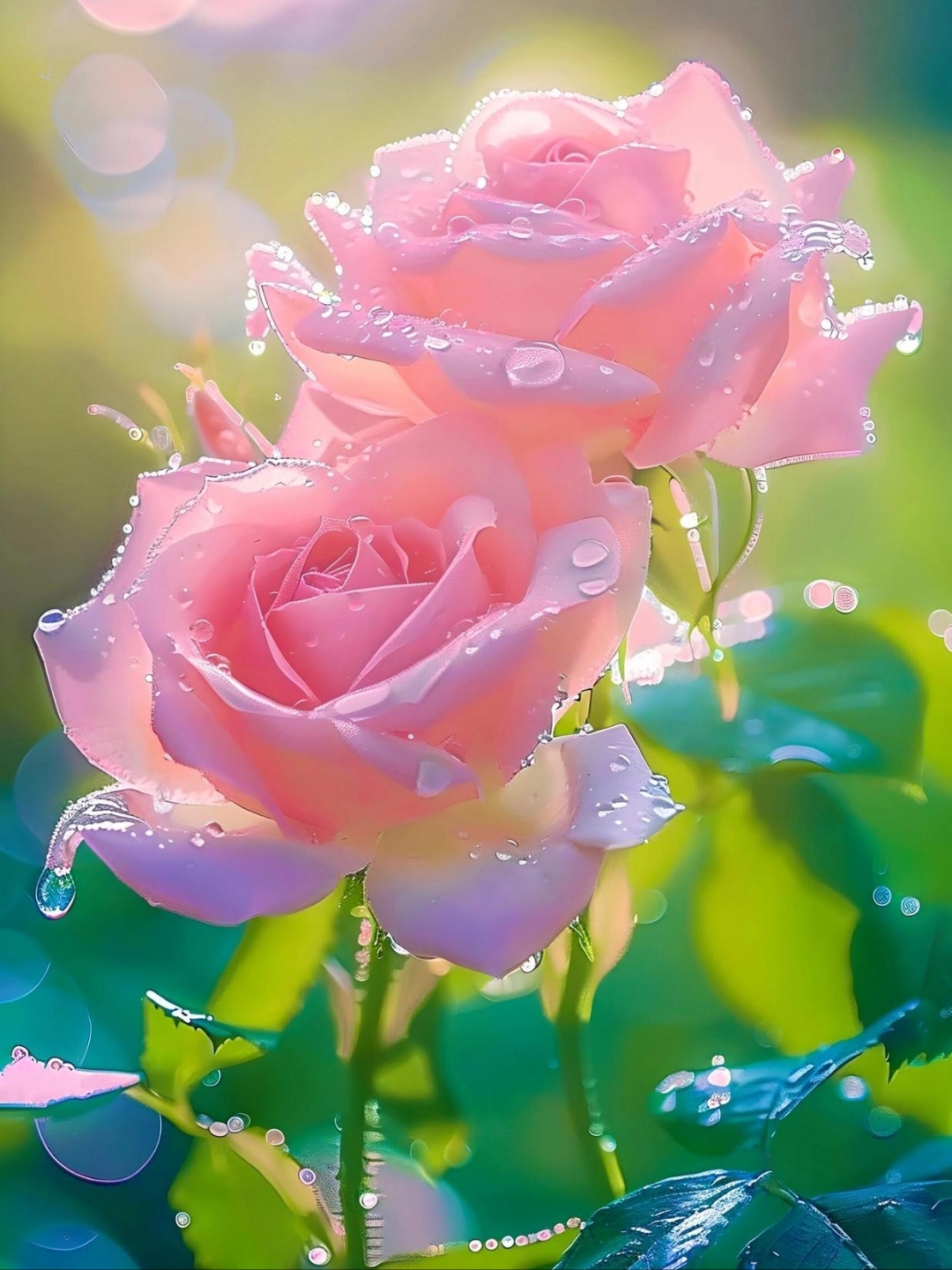 清晨,露珠滋润着完全开放的粉红色玖瑰花,娇艳欲滴的玖瑰花在晨光的