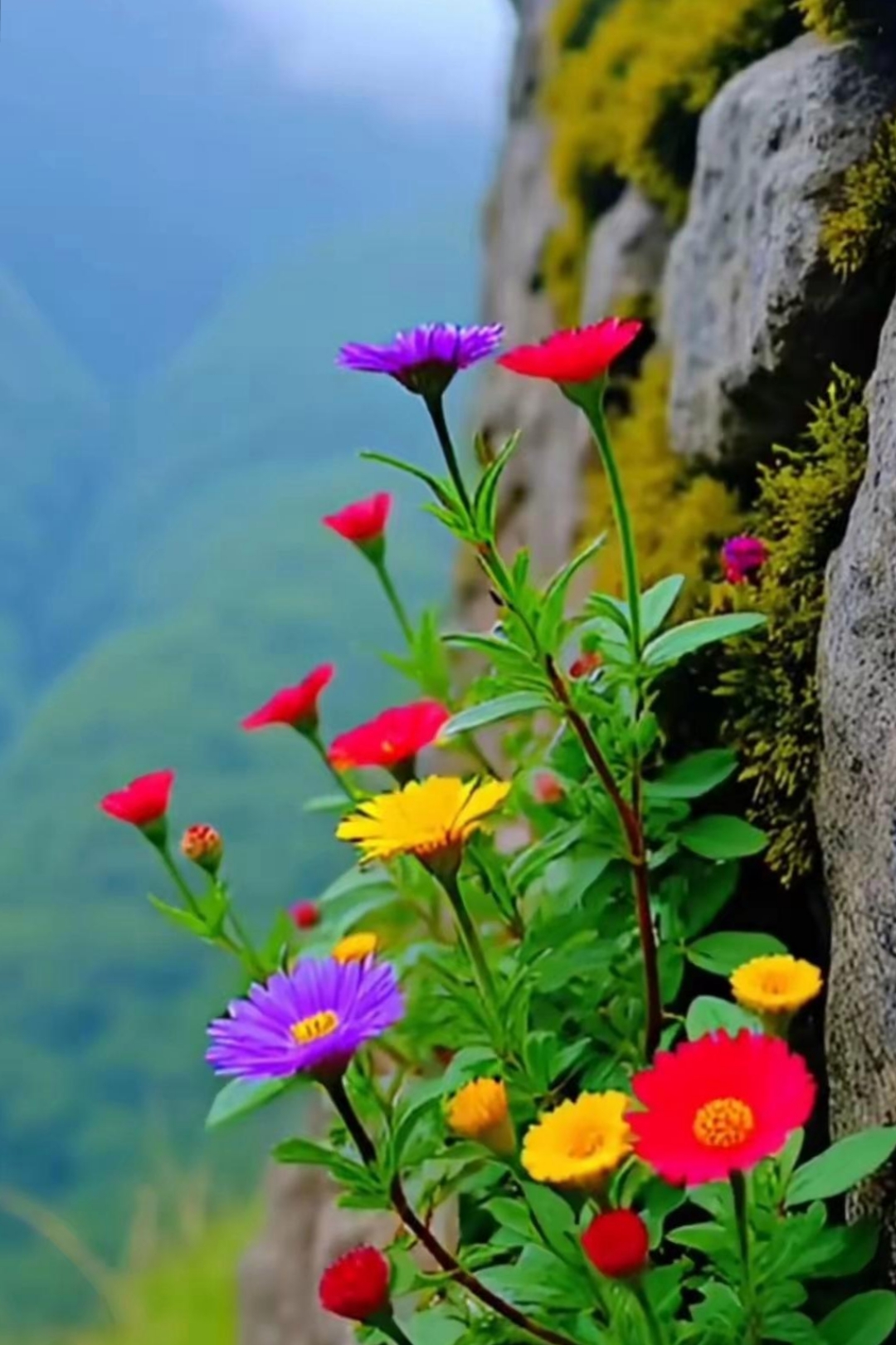 峭壁生花,惊艳山顶,那五彩斑斓的花朵,在坚硬的岩石间绽放它们以顽强