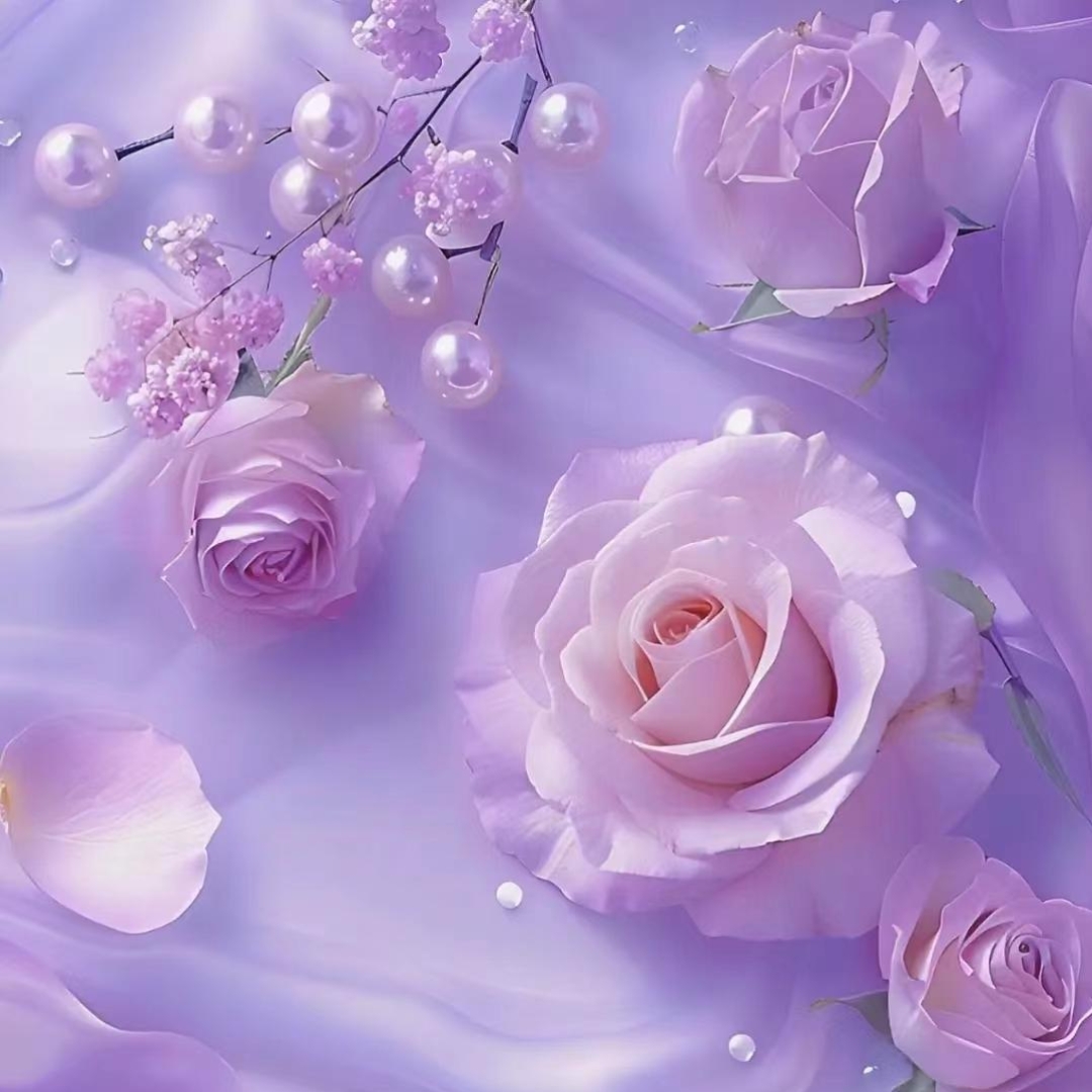 在紫罗兰色的梦幻中,粉红玫瑰花在珍珠的映衬下更加显出浪漫的爱情和
