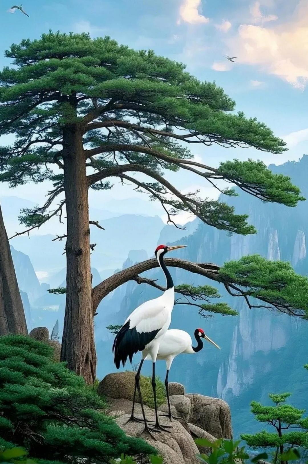哇,这两只仙鹤在松树下站岗,在这片奇松怪石之间,竞有幸目睹了仙鹤的
