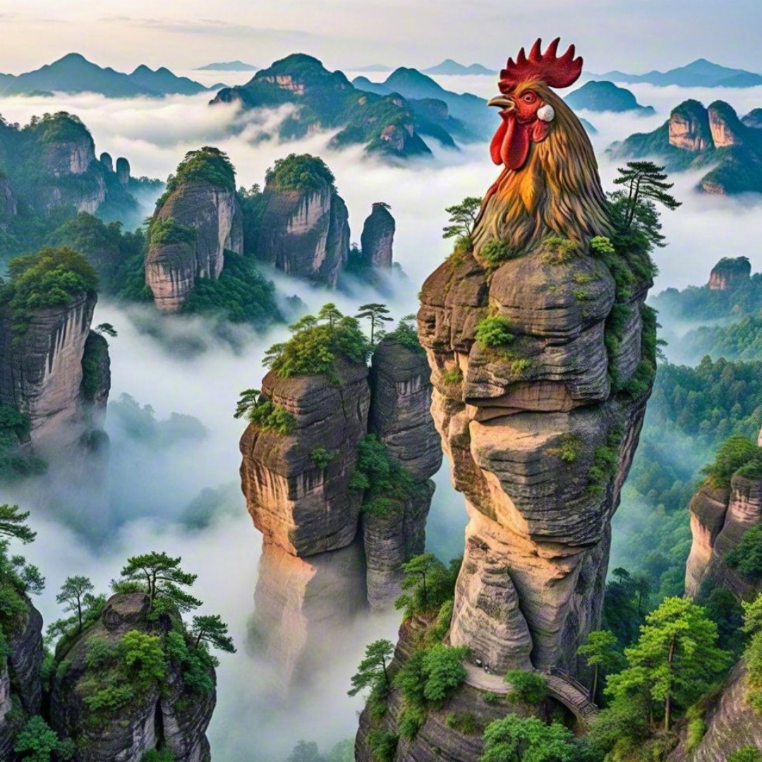我站在峰顶之巅,俯瞰云海间的壮丽景色,仿佛自己是那傲立鸡群的雄鸡