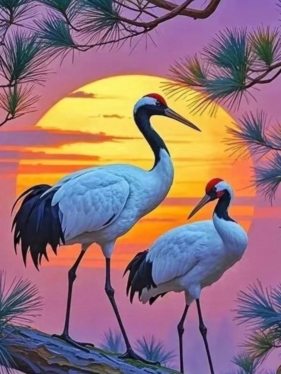 夕阳的余晖轻洒,两只优雅的丹顶鹤并肩站立着,仿佛在一起诉说诗情话语