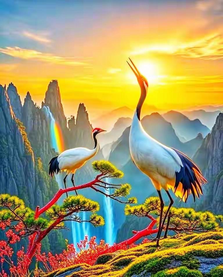 哇,这两只仙鹤在日出时的山景中显得格外优雅,真想亲自去那瀑布旁的大