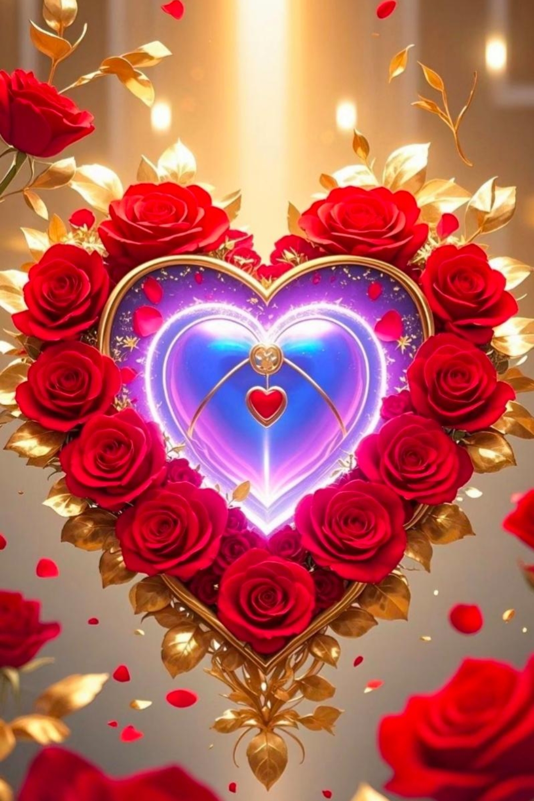 心形的红玫瑰花束,中间镶嵌着闪耀的魔法宝石,散发着浪漫的气息