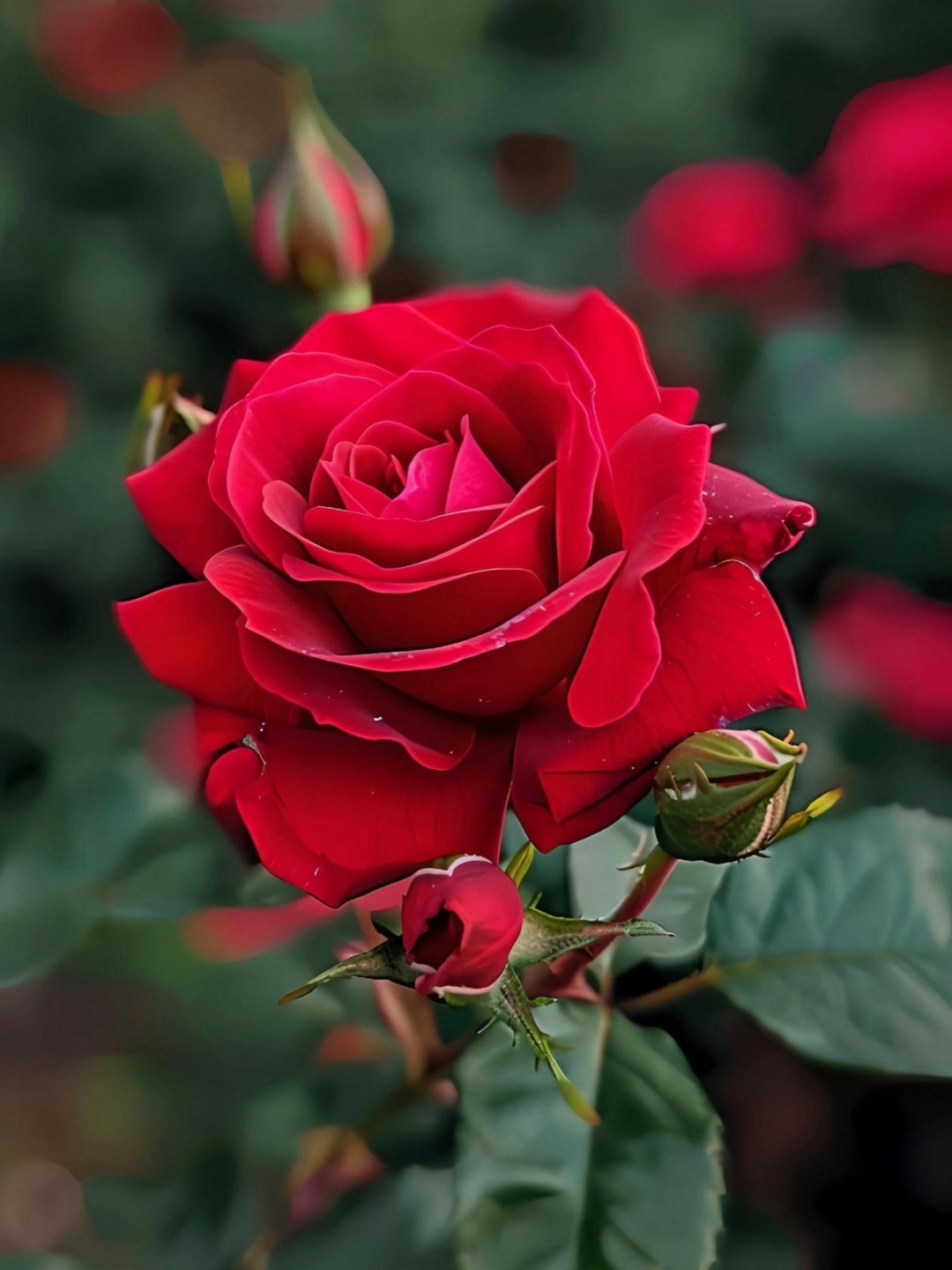 娇艳迷人的红玫瑰在露珠的滋润下静静地绽放,花瓣层叠繁复,排列有序