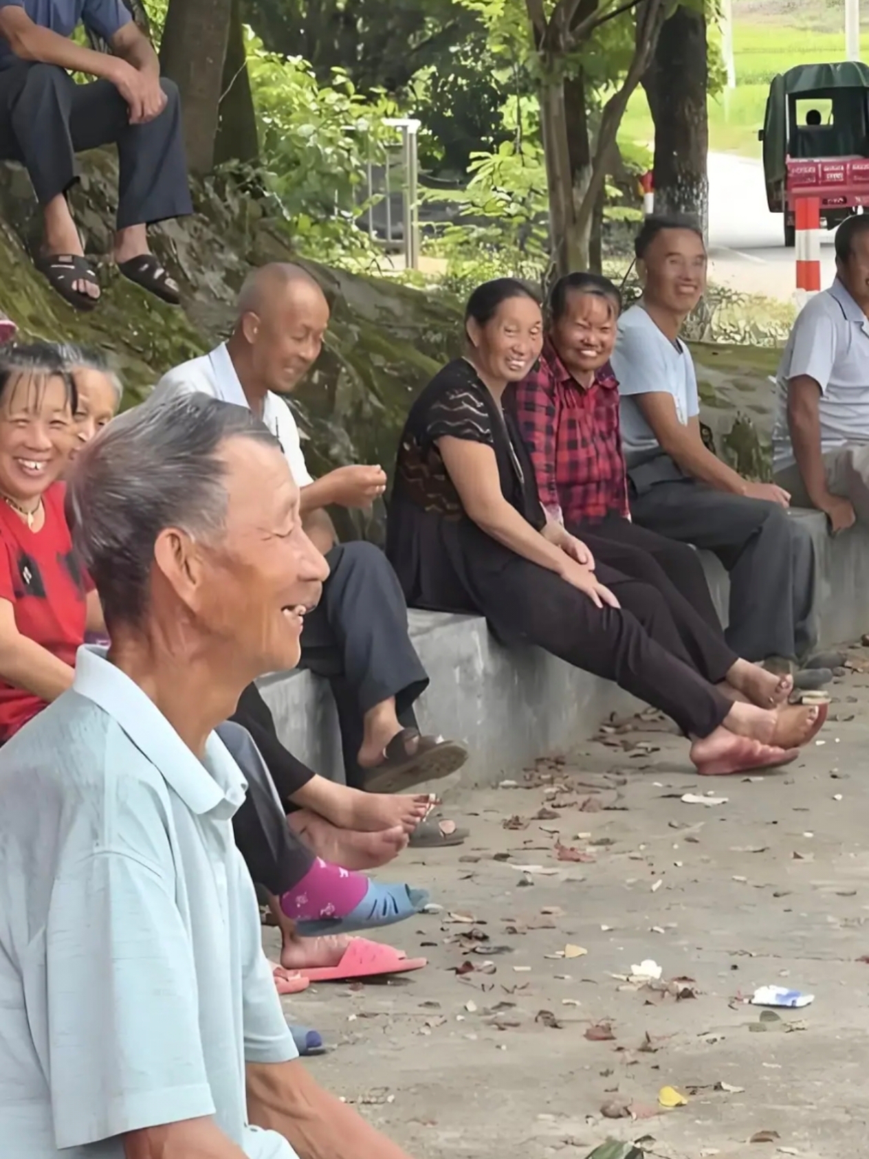 不管村前和村后, 总爱扎堆逗一逗. 青山绿水能长寿, 家长里短说不 