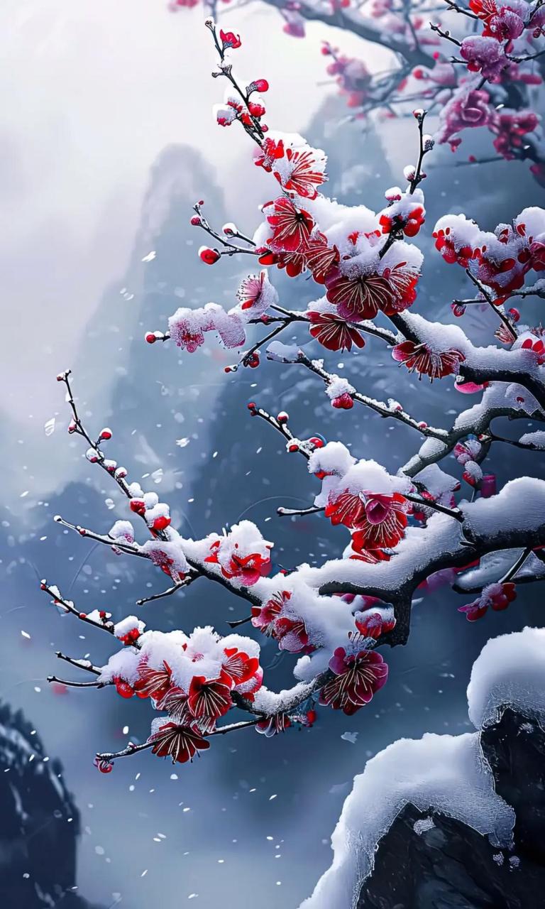 雪梅 雷刚(四川)  梅花傲雪寒,簇簇弄妖艳. 雪花恋梅颜,依依共缠绵.