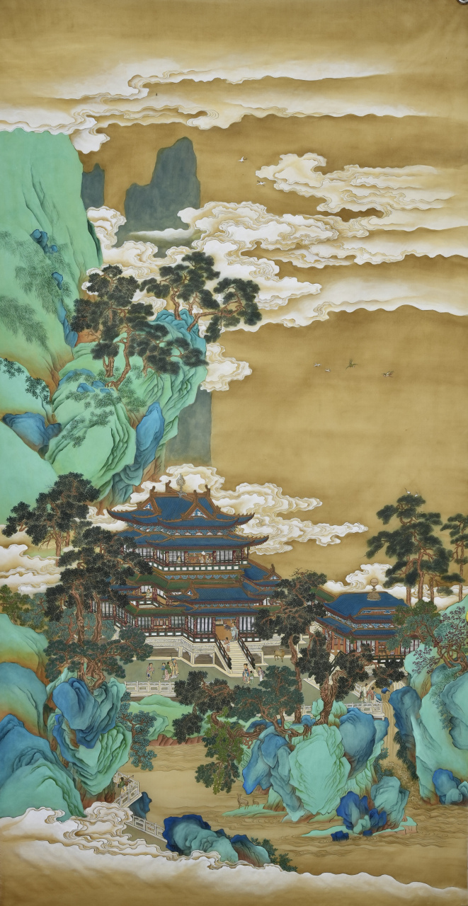 宋画山水,工笔青绿山水.临摹赵伯《驹仙山楼阁》,材质绢本,纯手工绘制