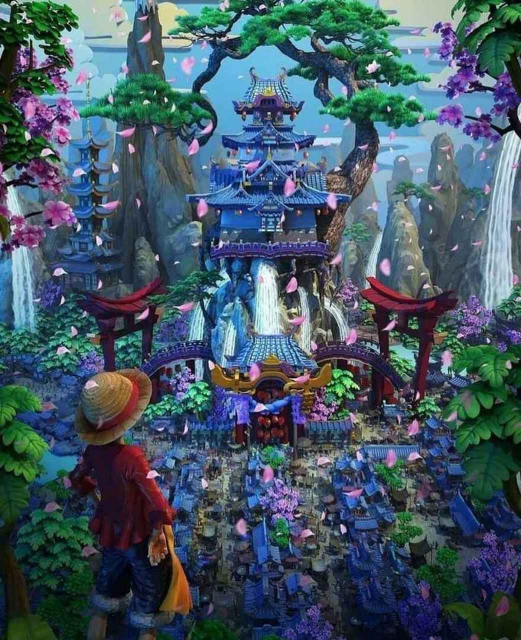 路飞站在和之国花之都前,这个景色还是很美的.#动态创作大赛05期