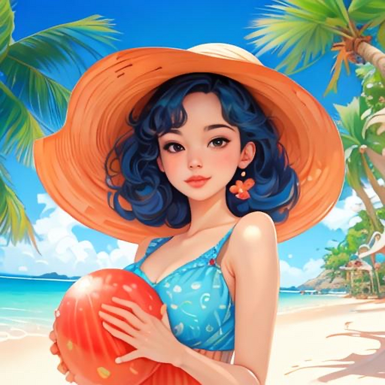 在海滩上,一位名叫丽莎的年轻女孩手握红色球,身着泳衣和帽子,望着