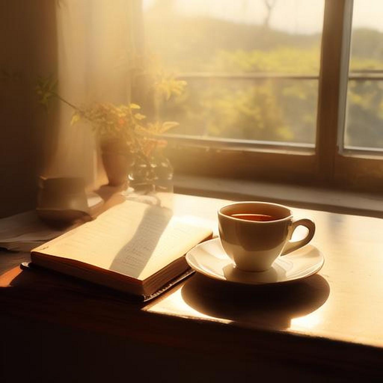 " 清晨的阳光洒进房间,一杯咖啡的香气唤醒沉睡的梦想,窗边,一本书