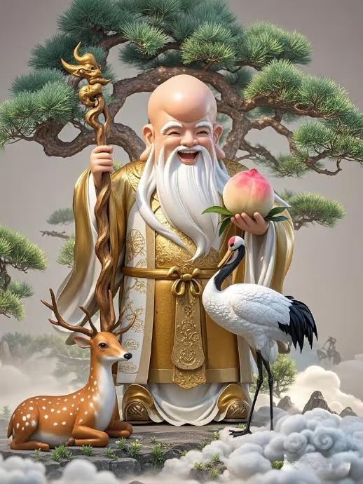 仙翁手捧桃,福寿万年长