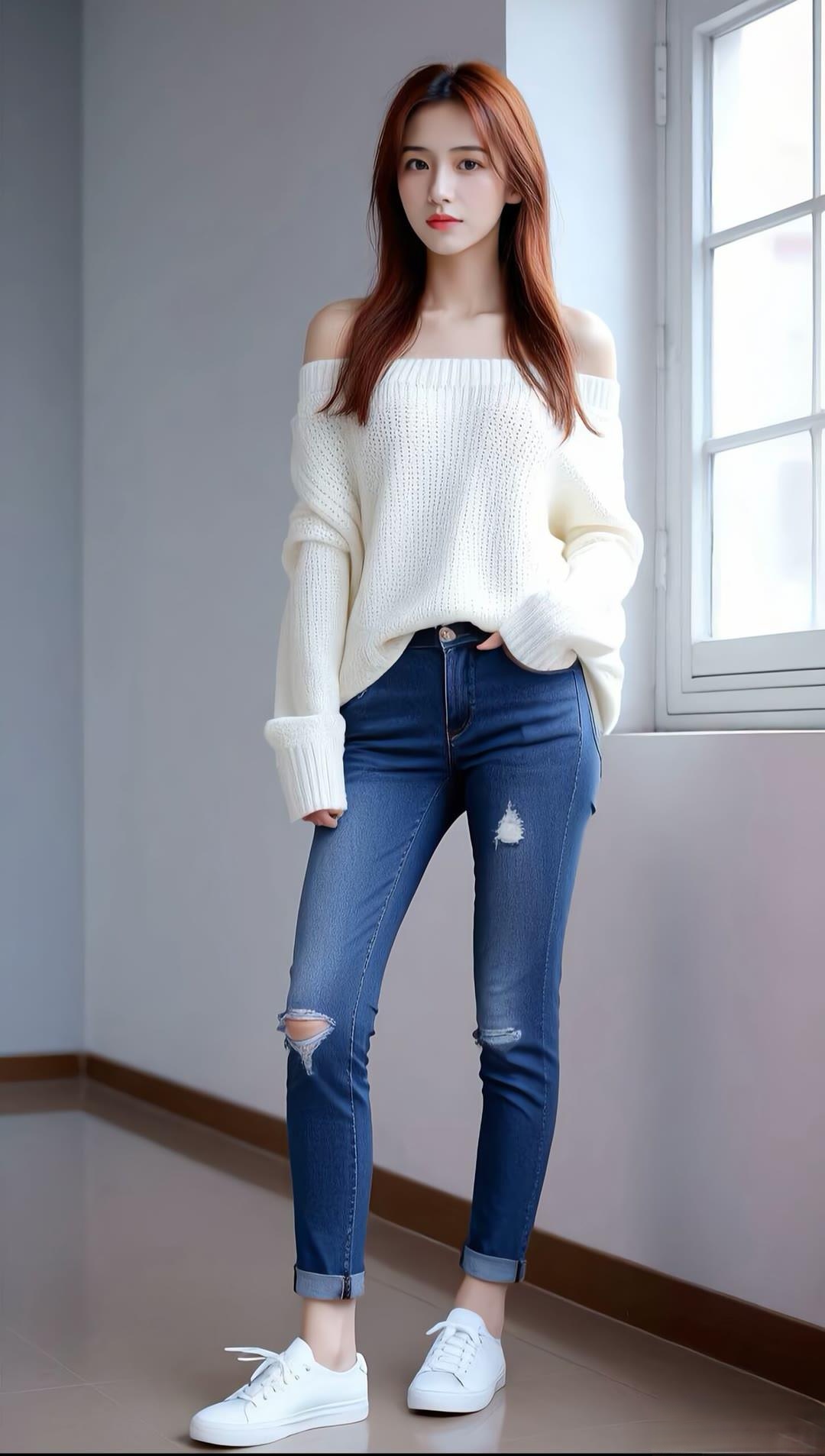白色毛衣轻裹,牛仔裤轻扬,每一个步伐都写着青春的自由与浪漫.