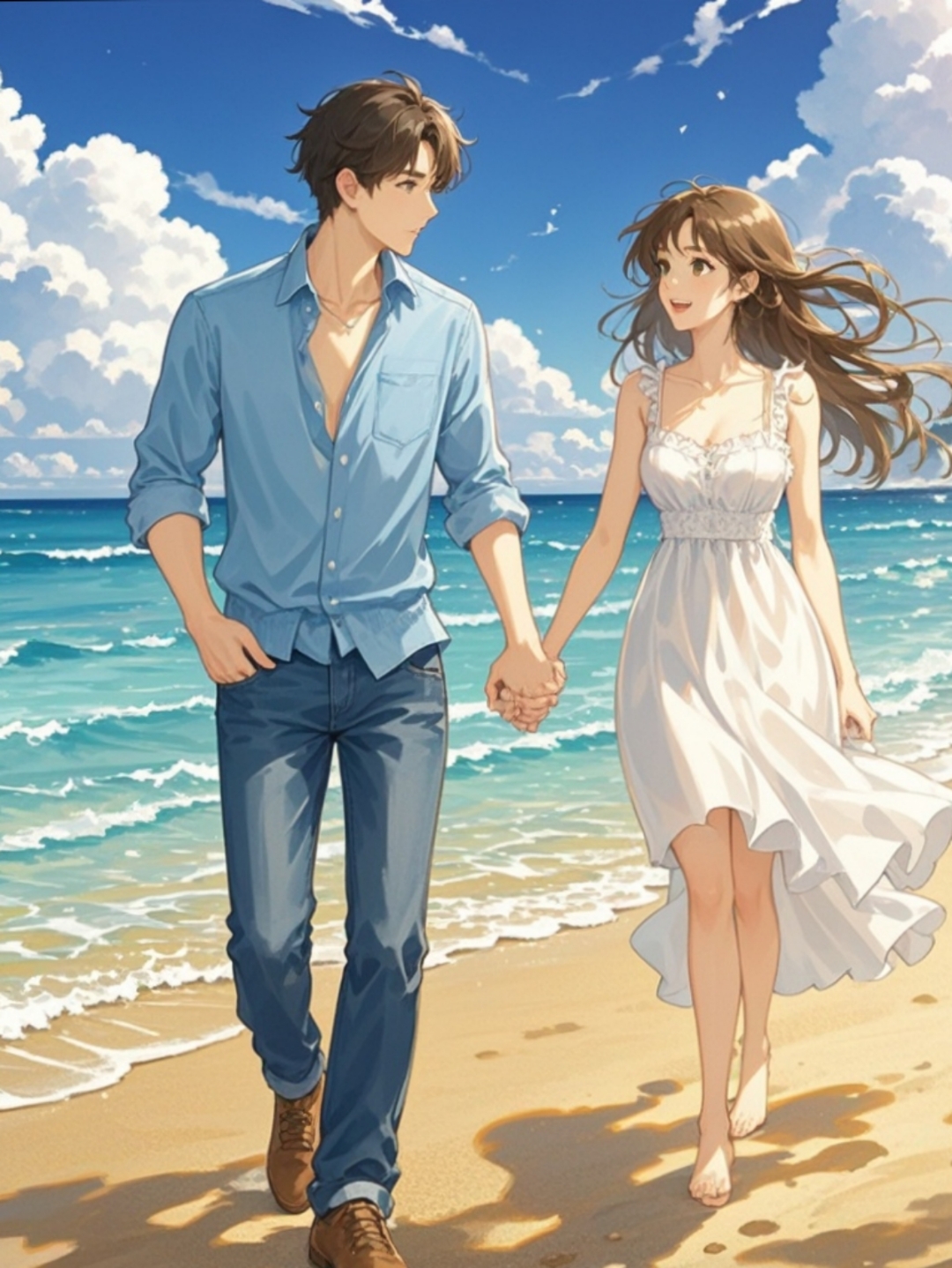 "手牵手,漫步在浪漫的海边,感受着心跳与浪花的节奏合拍."