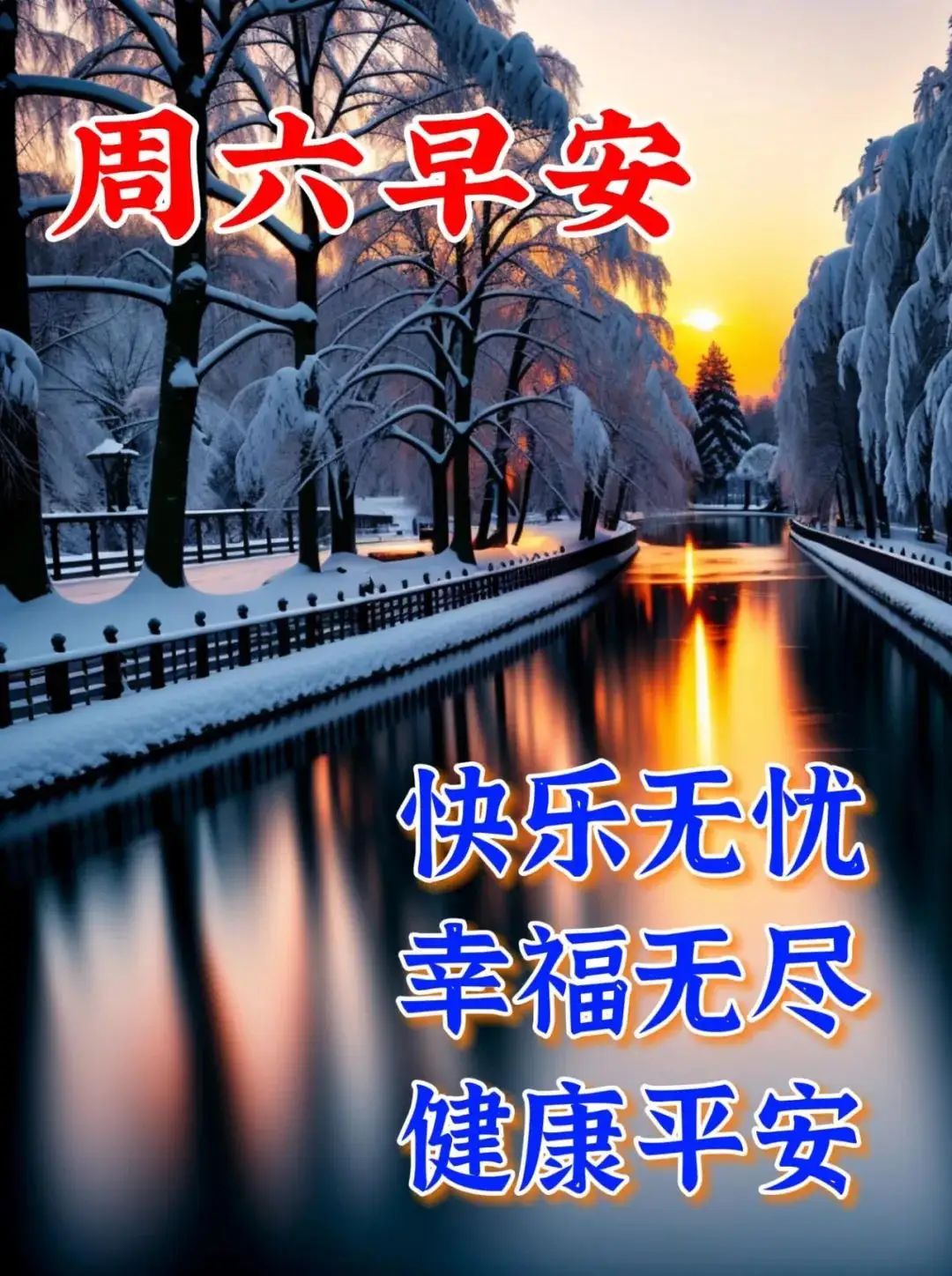 早上好 图中湖面雪白如镜,周围雪树和雪地环绕,黄色灯光倒映其中,美景