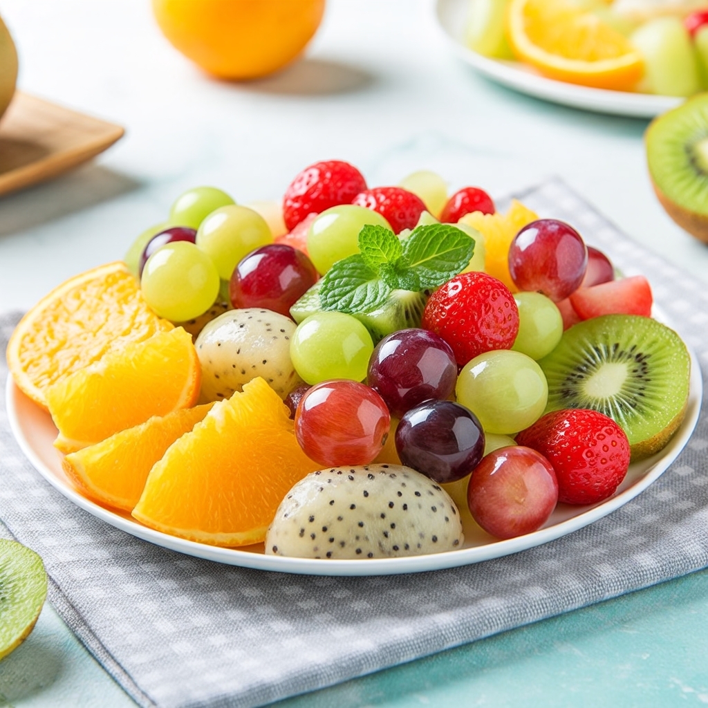 阳光透过玻璃窗洒在餐桌上,这盘夏日水果拼盘正闪着诱人的光