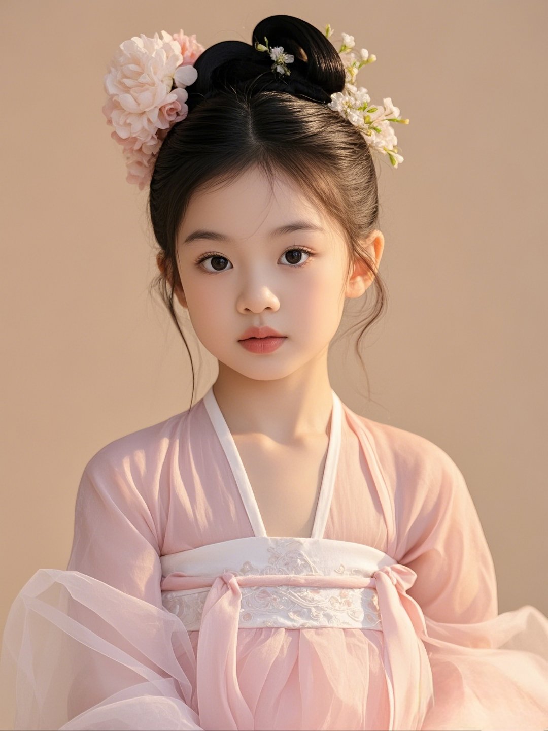 穿着粉嫩汉服的小女孩,头戴鲜花,清新脱俗,仿佛从古风画中走出来的小