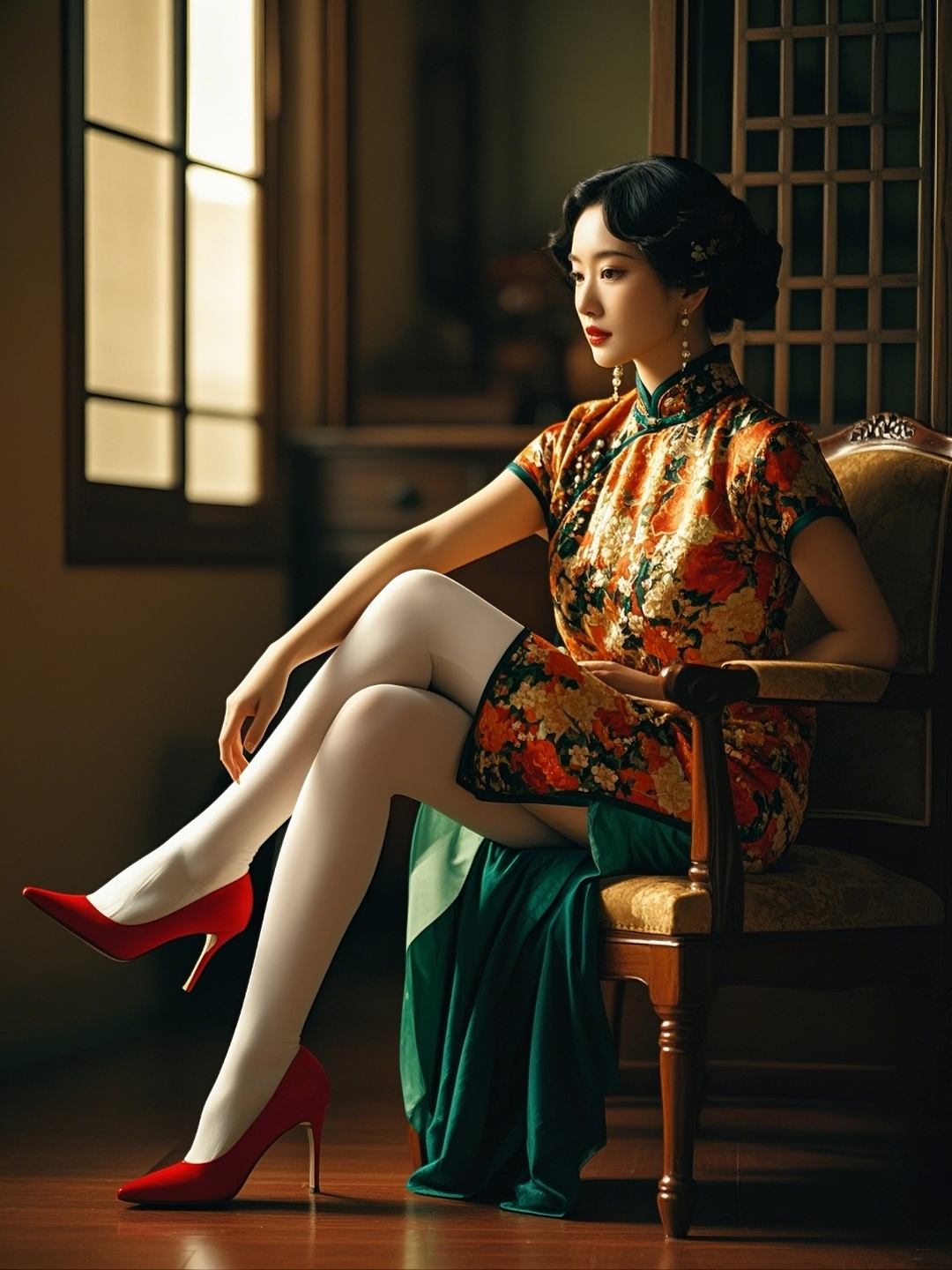 哇,这身旗袍配上红色高跟鞋,坐姿优雅,真是美翻了!