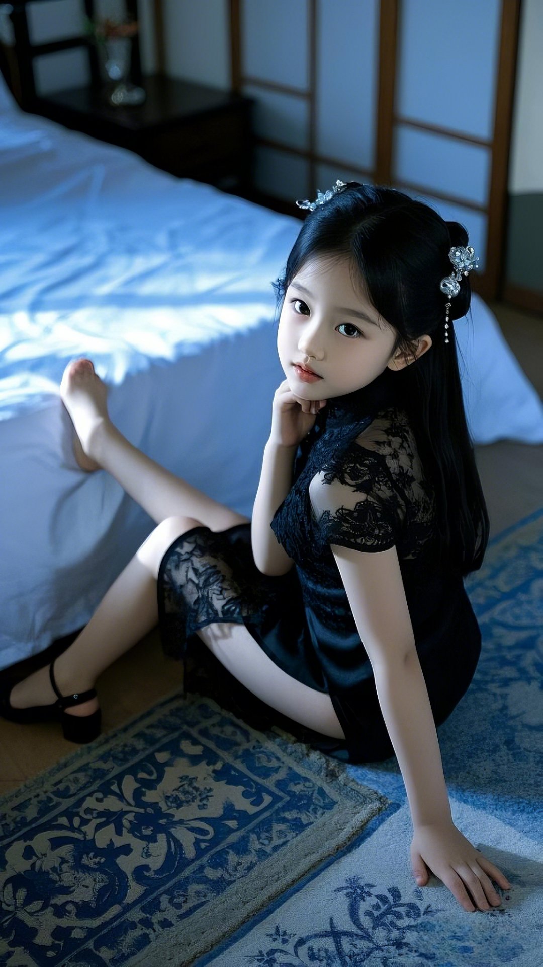 今晚月色真美,小妹妹坐在床边,黑色连衣裙,长发披肩,地板上铺着蓝色