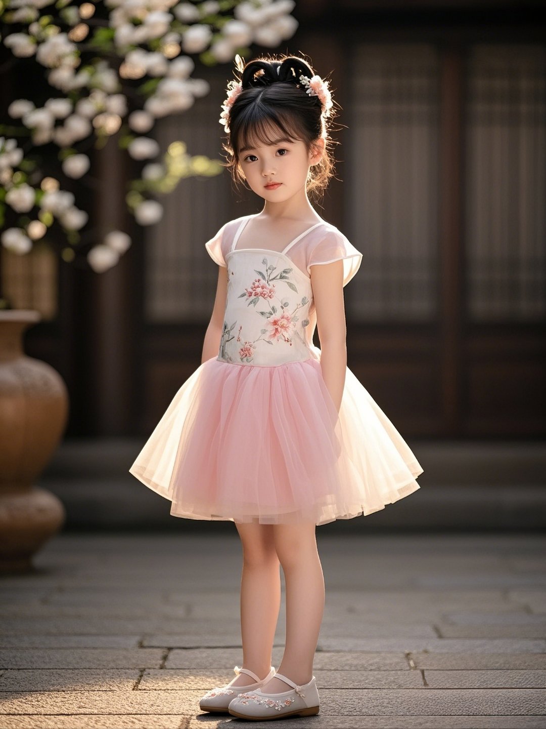穿着粉嫩汉服的小女孩,头戴鲜花,清新脱俗,仿佛从古风画中走出来的小