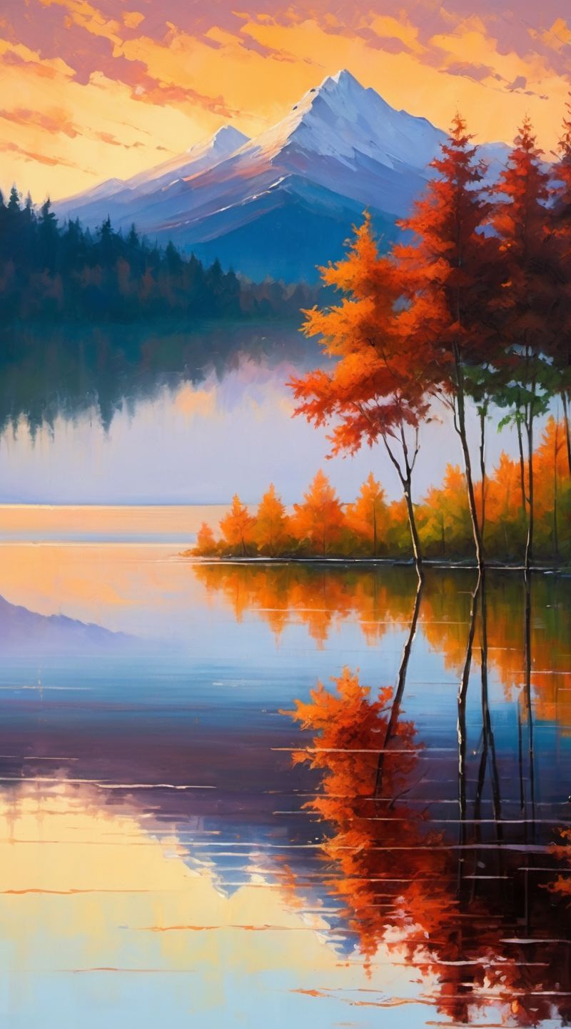 秋天的湖畔,落日余晖,倒影成画.