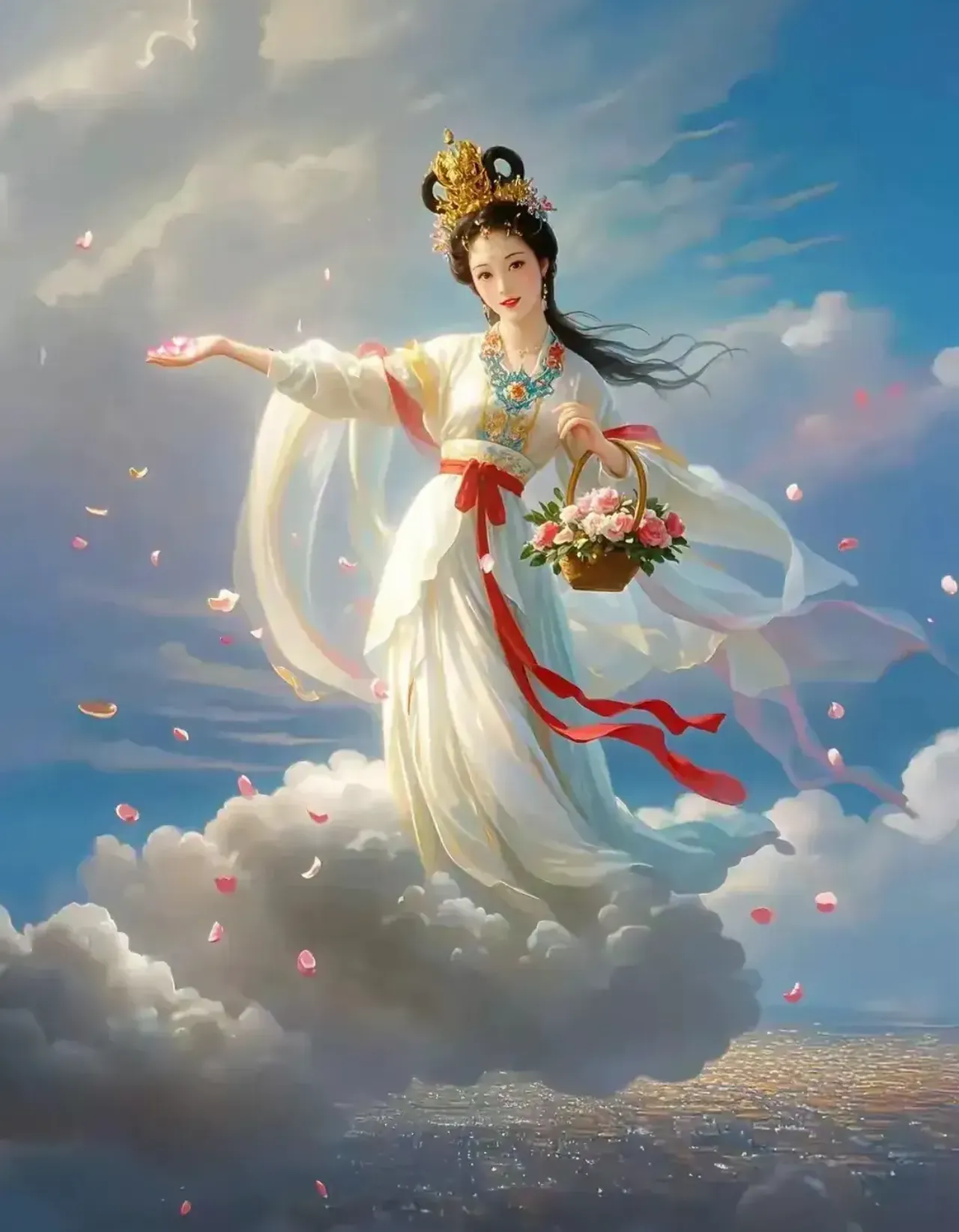 转佩凌霄汉,人间千卉艳 下联:纤手琼花落,绛红翠碧飘山河,敦煌飞天歌