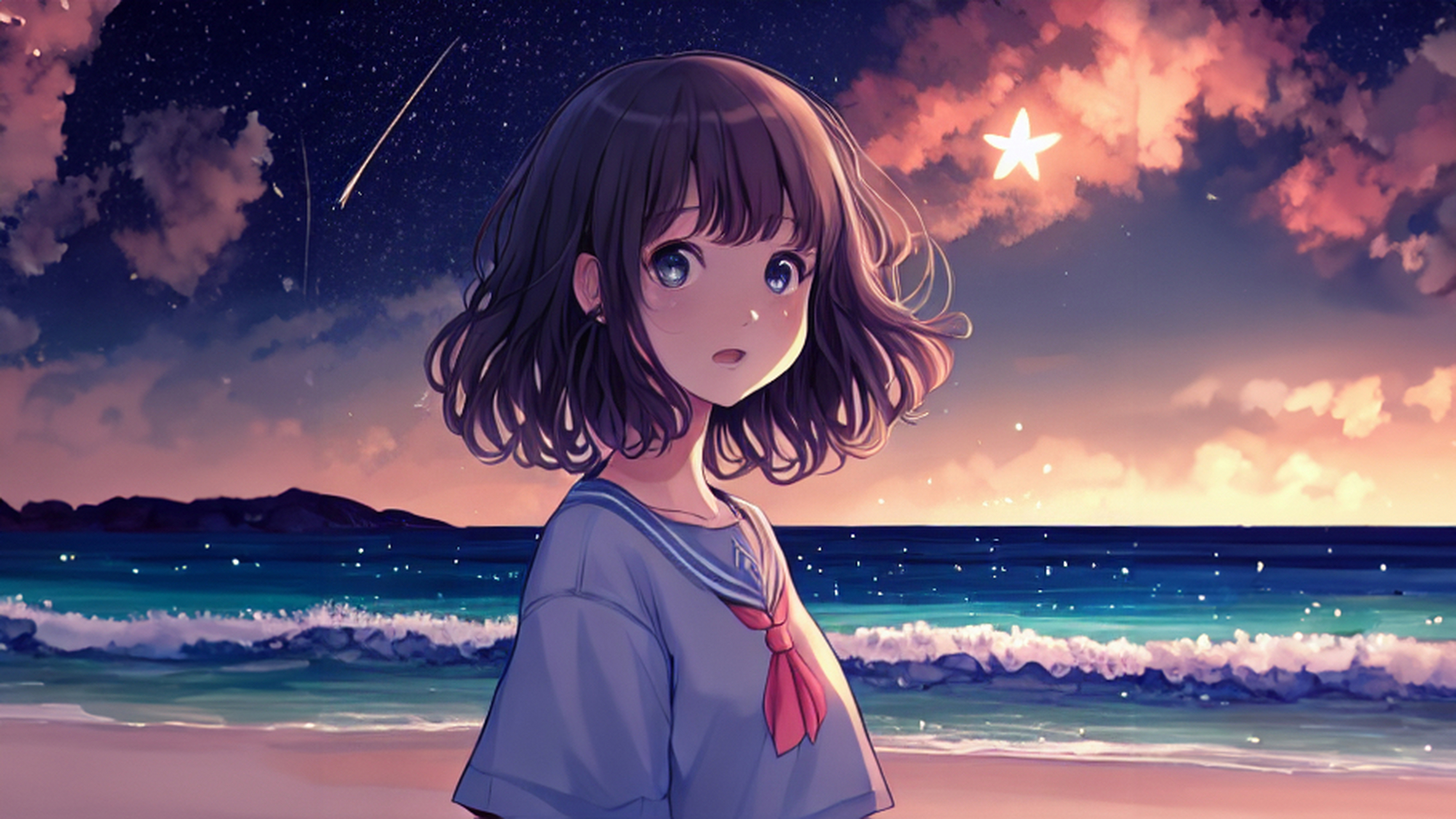 漫画风,海边捡星星的女孩,cg感#二次元少女