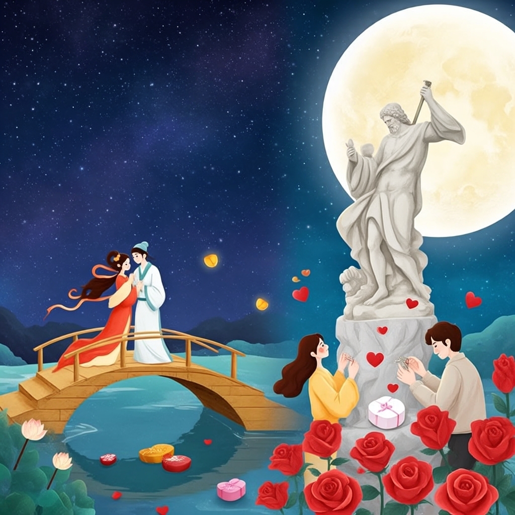 七夕源于牛郎织女传说,农历七月初七鹊桥相会,承载着忠贞与乞巧的传统