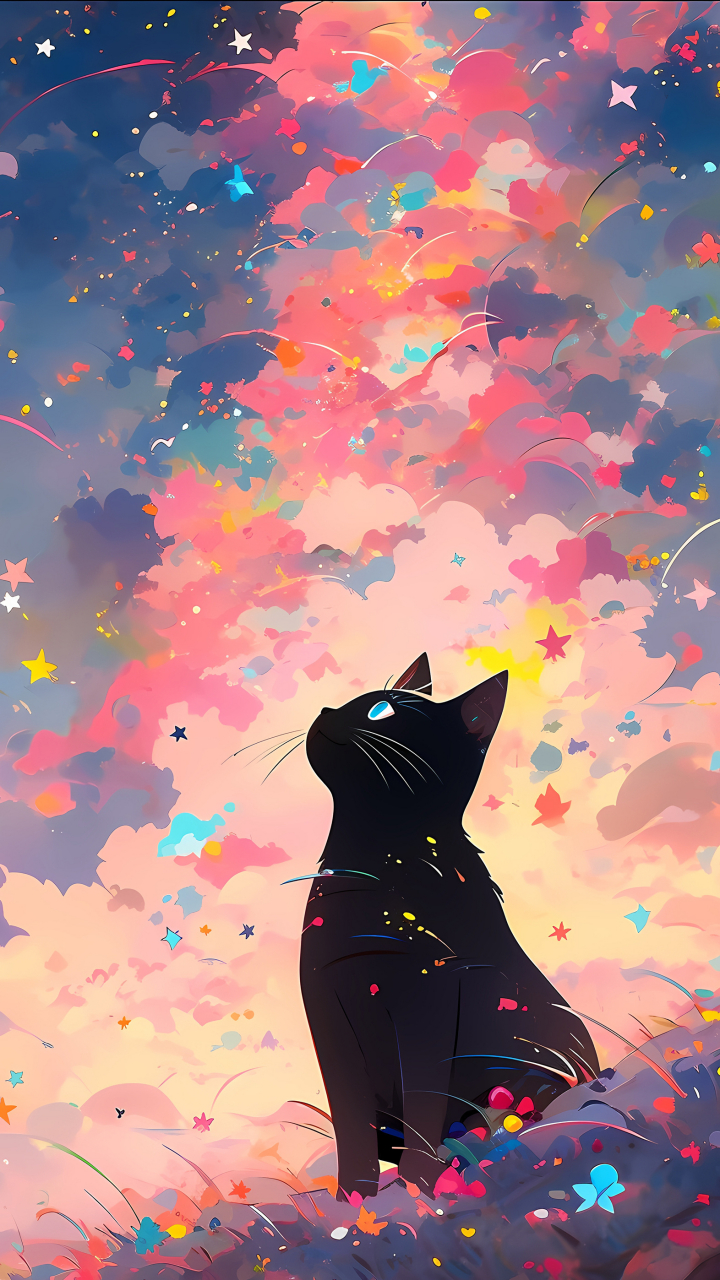 壁纸:星空下的黑猫