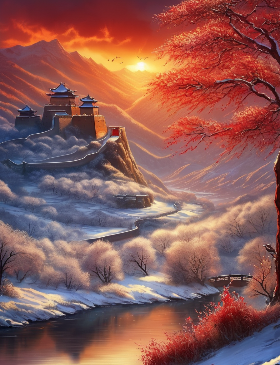 冬日的黎明,太阳悄然升起,为白雪皑皑的长城披上一层金色的光辉.