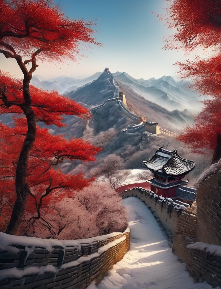 冬日的黎明,太阳悄然升起,为白雪皑皑的长城披上一层金色的光辉.