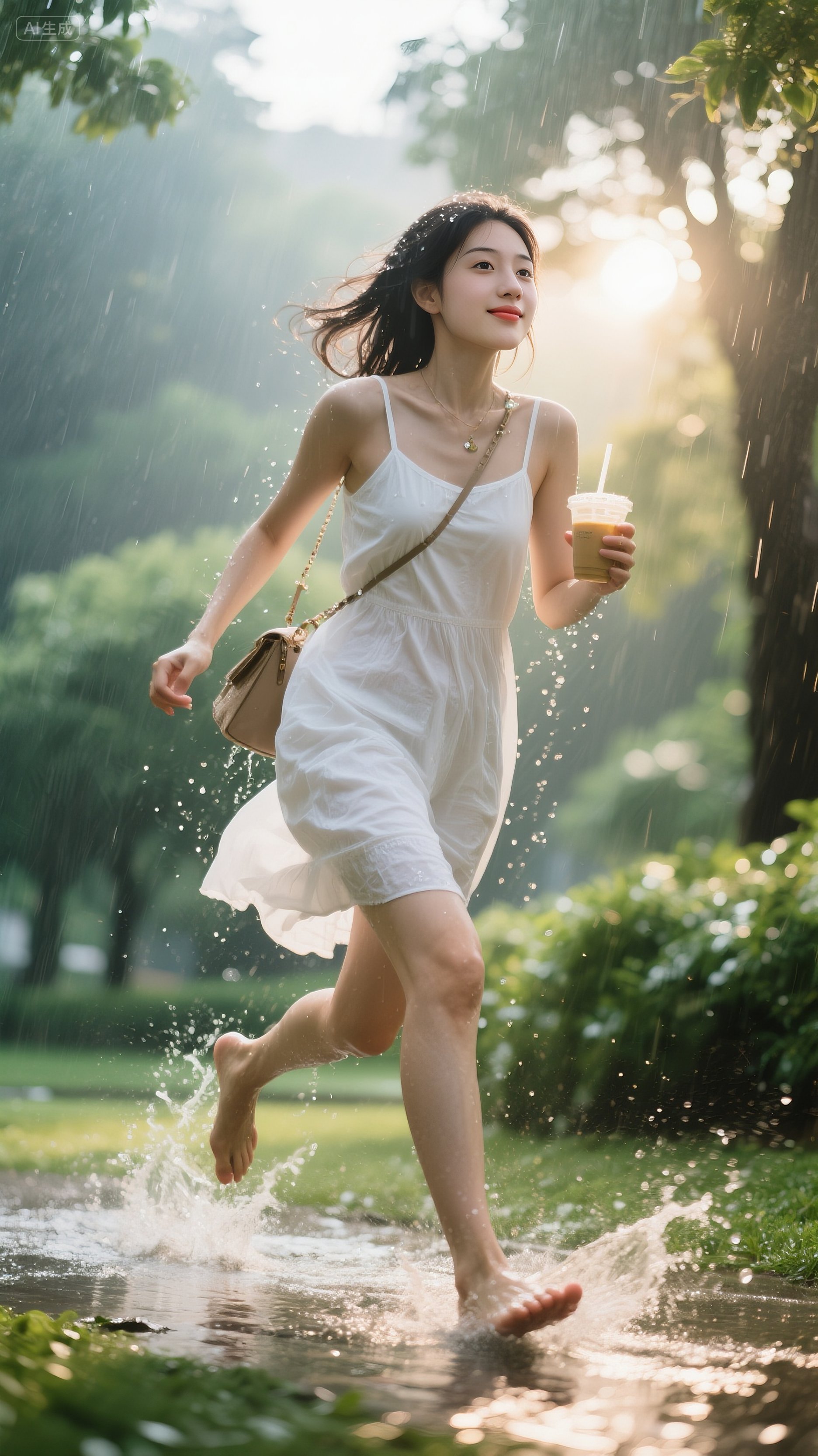 雨中奔跑,溅起水花,享受清凉一刻