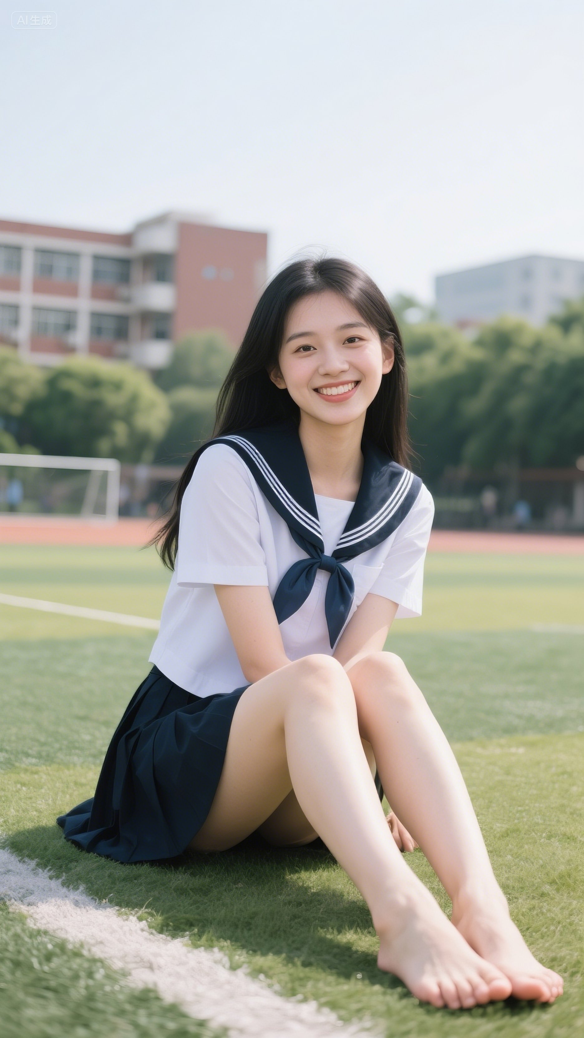 校园里的青春气息,坐在草地上,笑容灿烂,仿佛回到了学生时代