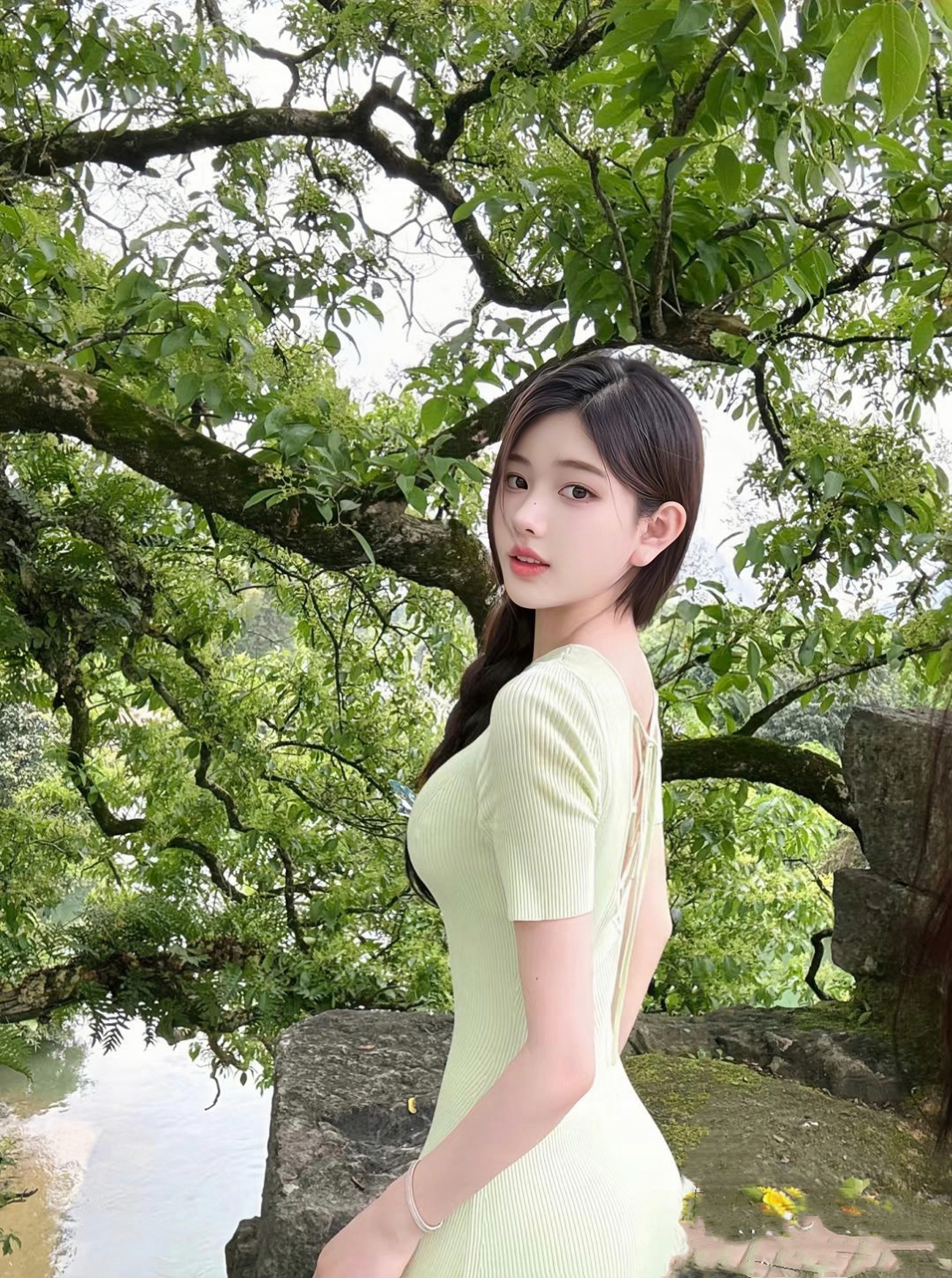 长发垂肩的女孩面容白皙五官精致,身穿绿色连衣裙,在郁郁葱葱的大树下