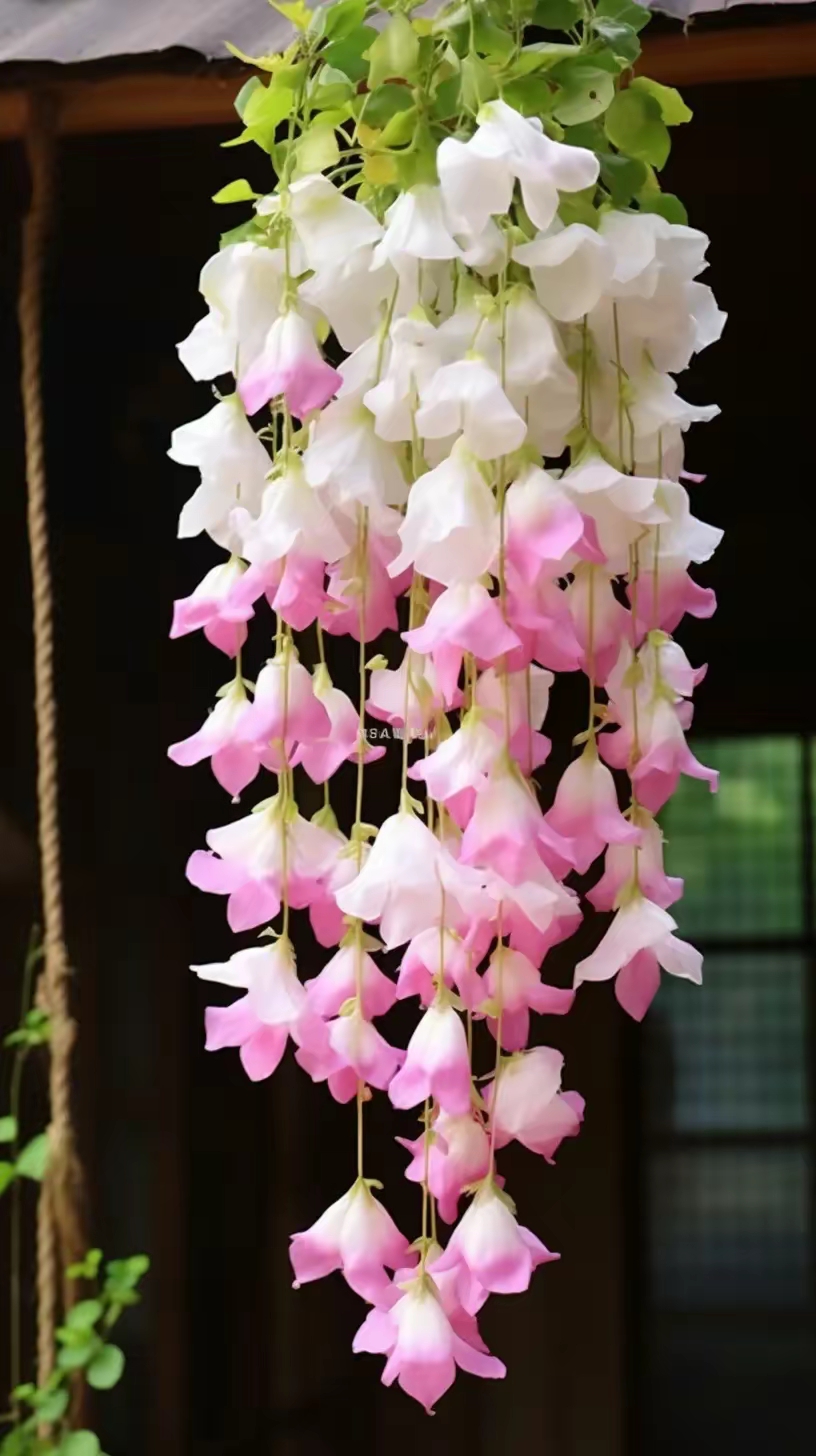 风铃花  风铃花儿串串挂, 轻盈摇曳影粉帘