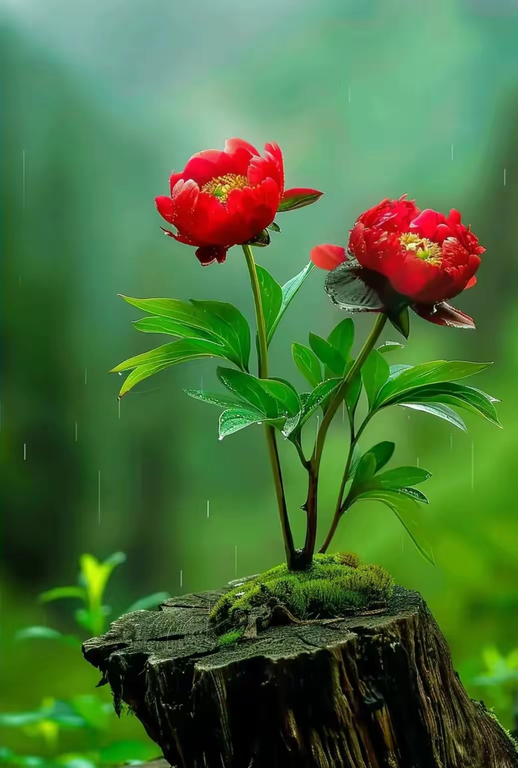 背景中的绿色植物,在雨滴的点缀下更显生机盎然.
