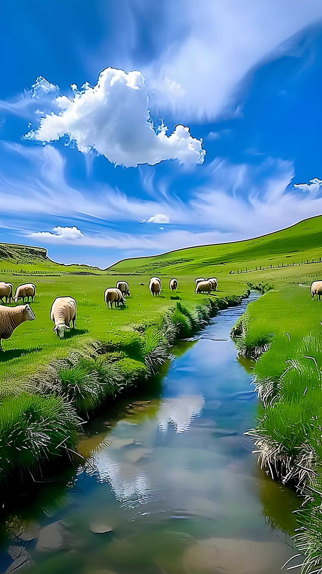 9415天空湛蓝如洗9191  羊群或低头饮水,或悠闲吃草,仿佛时间