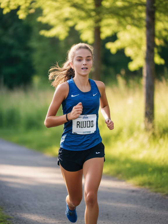 "阳光透过树叶洒在草地上,一位女性跑步者正在尽情奔跑,享受着大自然